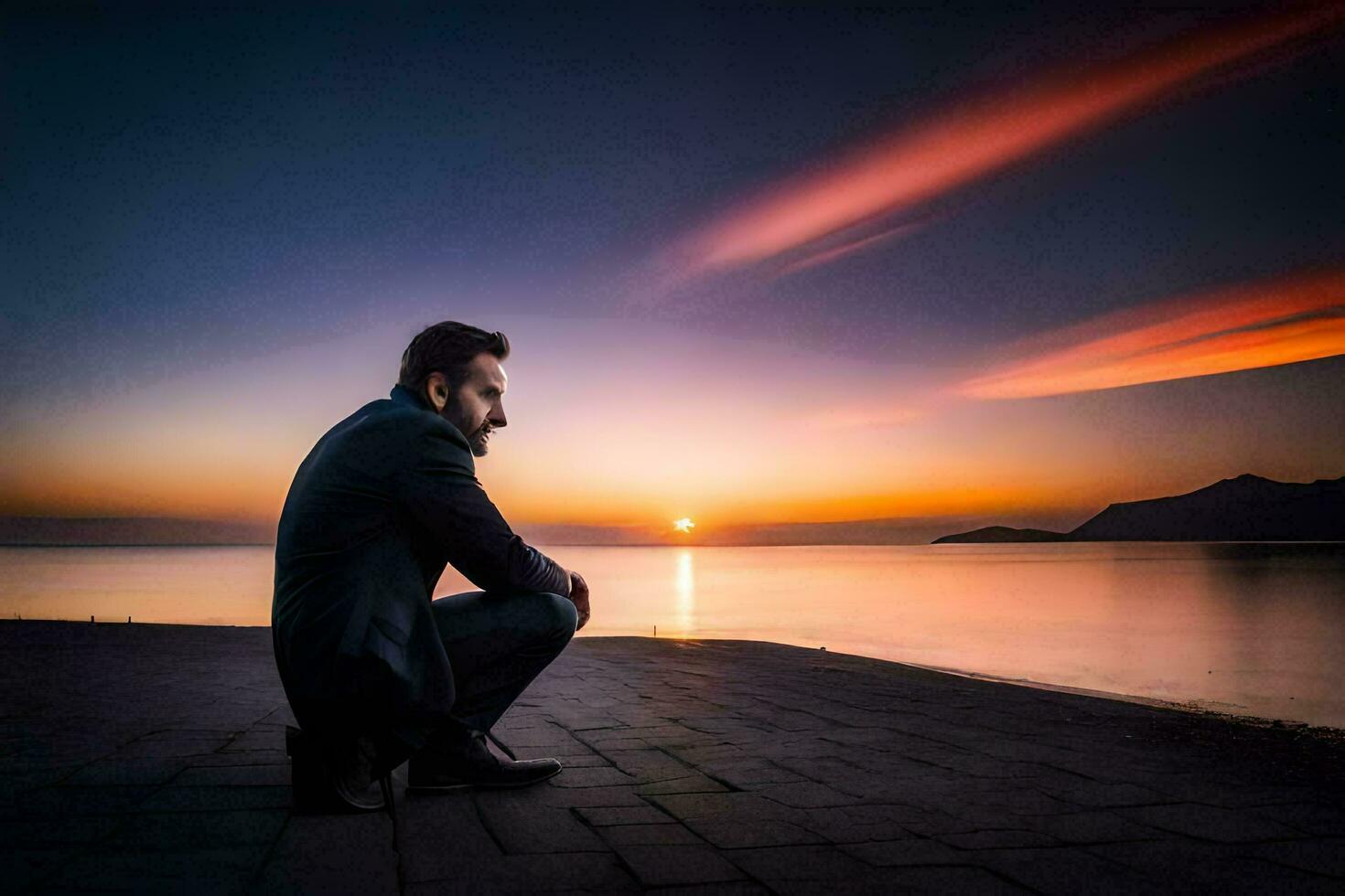 a man sitting on the ground looking at the sunset. AI-Generated photo