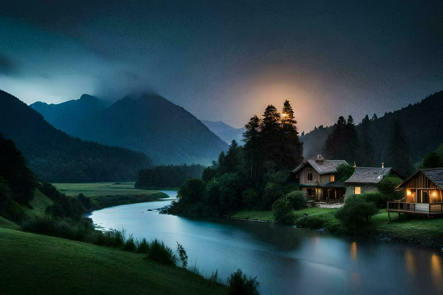 photo wallpaper the sky, mountains, river, house, the moon, the mountains, the river. AI-Generated