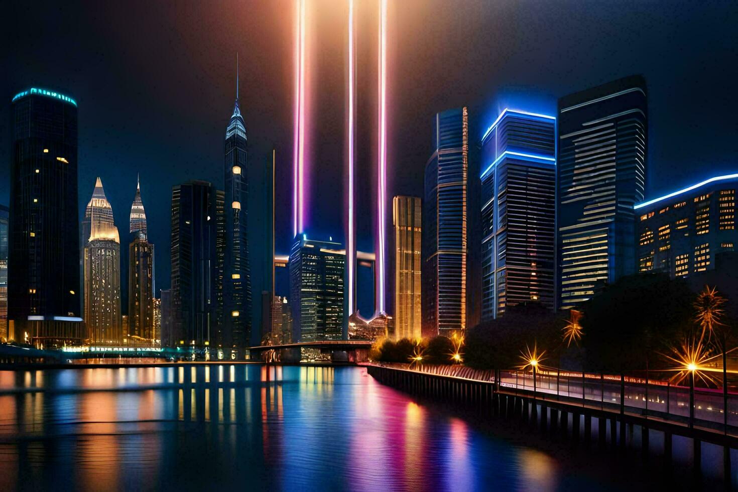 a city skyline with lights shining over it. AI-Generated photo