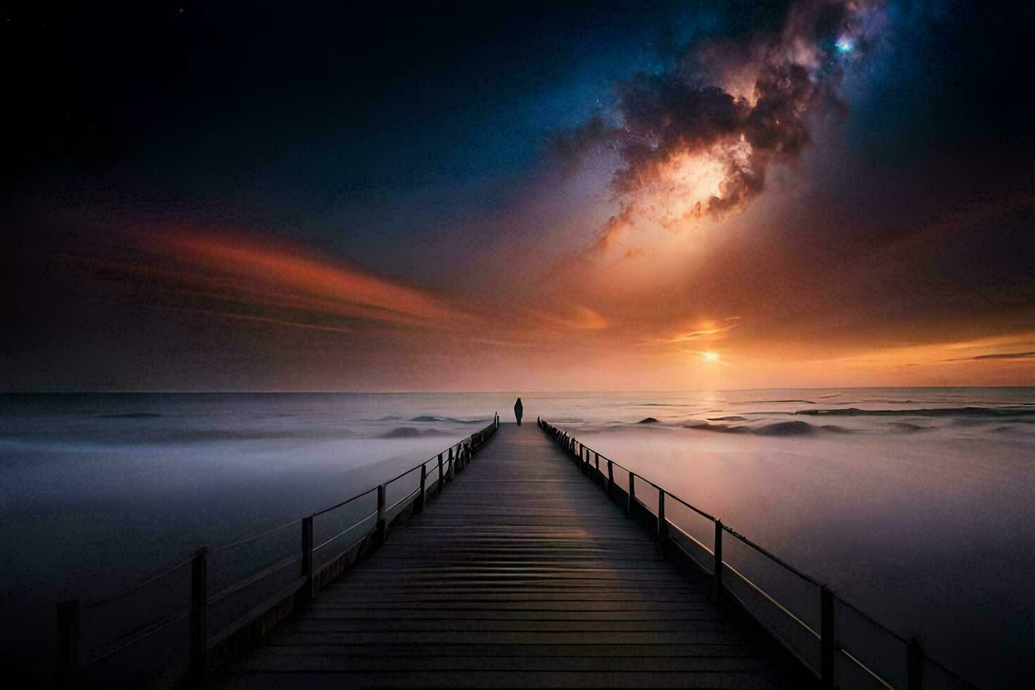 a pier with a man standing on it at sunset. AI-Generated photo