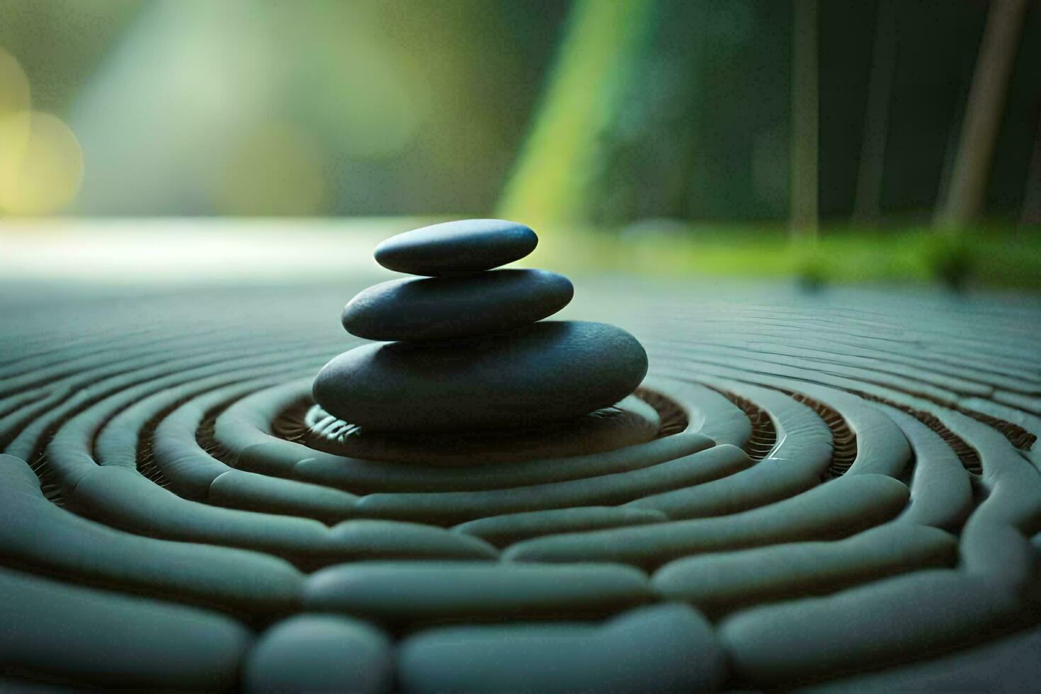 a stone is sitting on top of a spiral path. AI-Generated photo