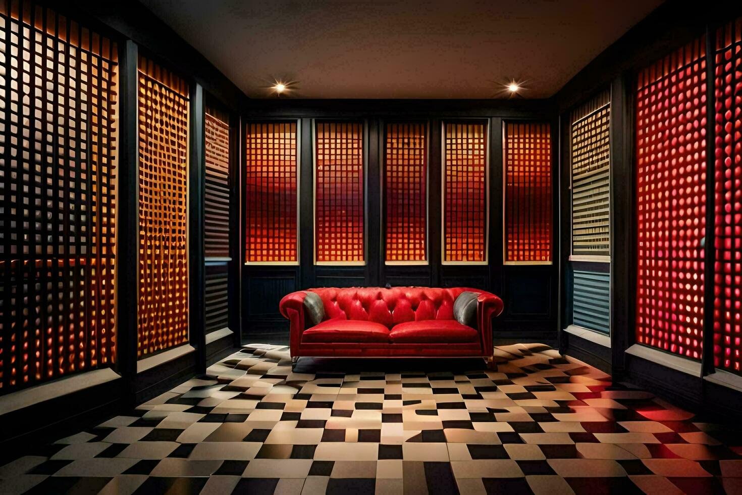 un rojo sofá en un habitación con negro y blanco a cuadros piso. generado por ai foto