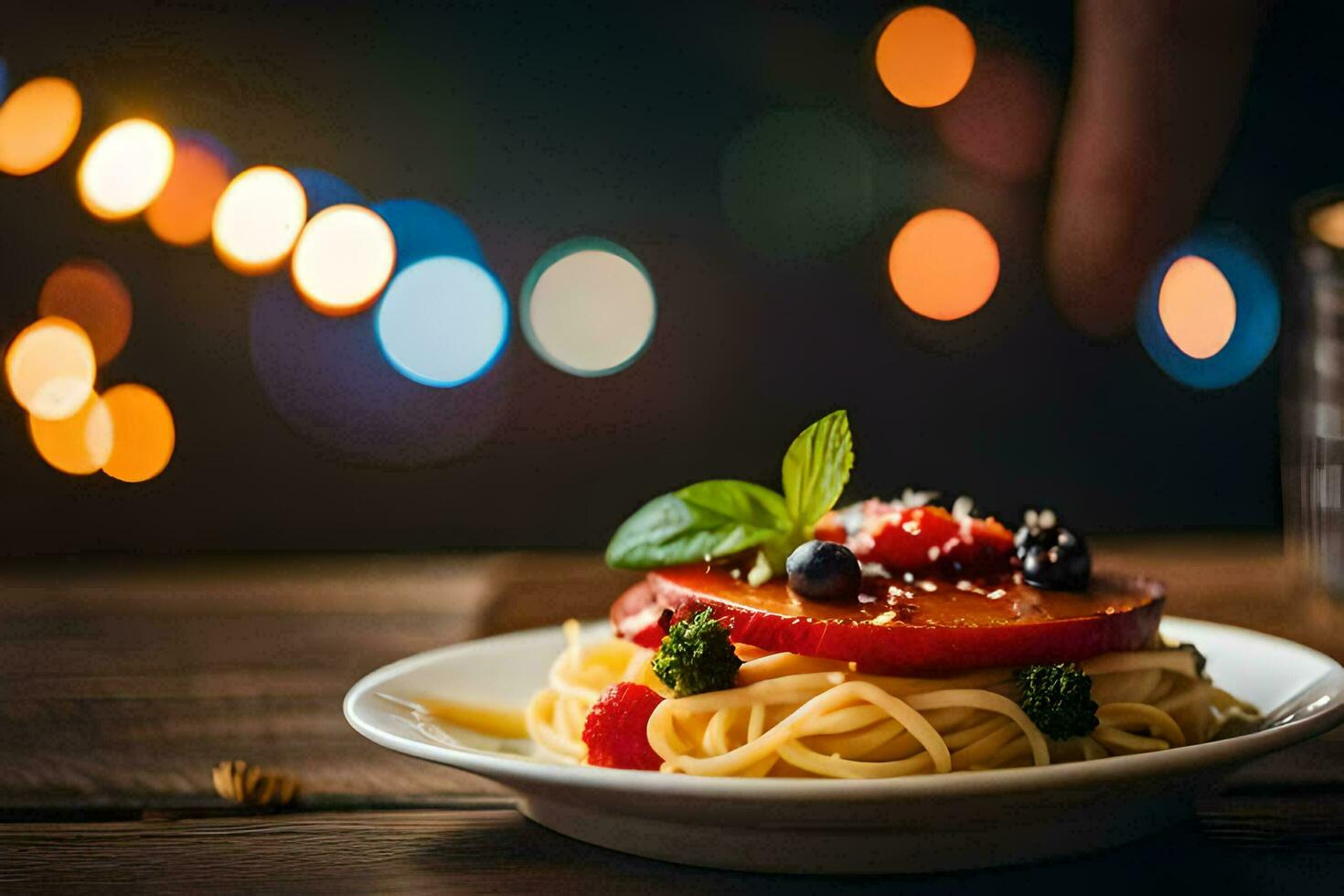 spaghetti with tomato, basil and blueberries on a plate. AI-Generated photo