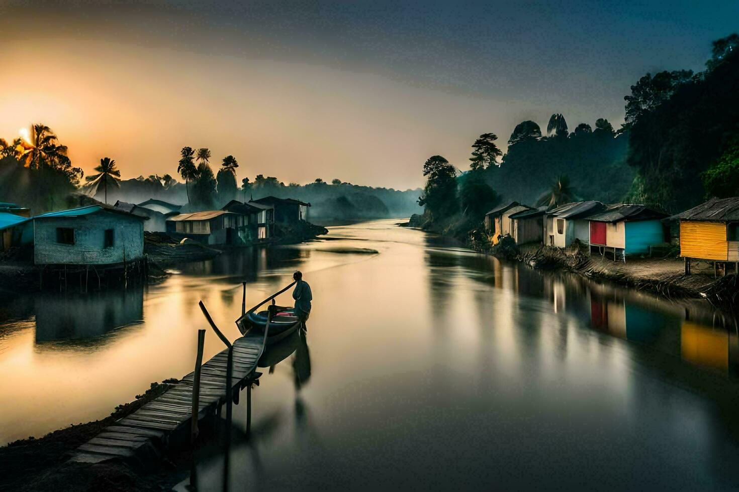 un río con casas y un muelle a puesta de sol. generado por ai foto