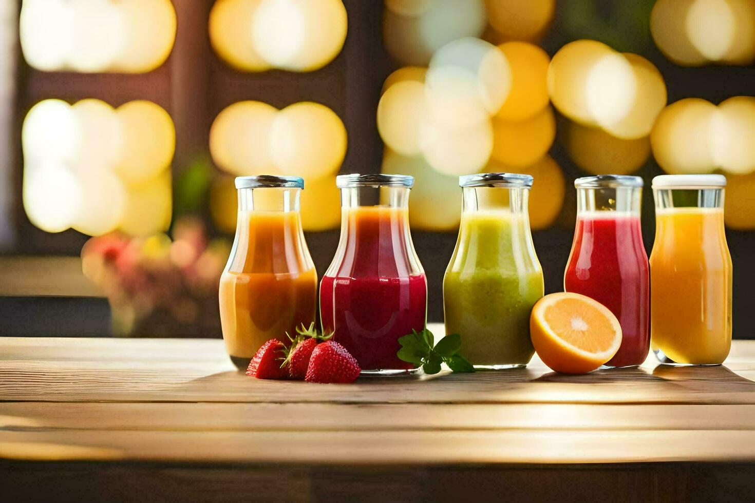 a group of different juices on a wooden table. AI-Generated photo