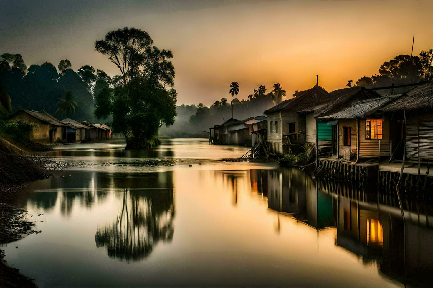 a river with houses and trees at sunset. AI-Generated photo