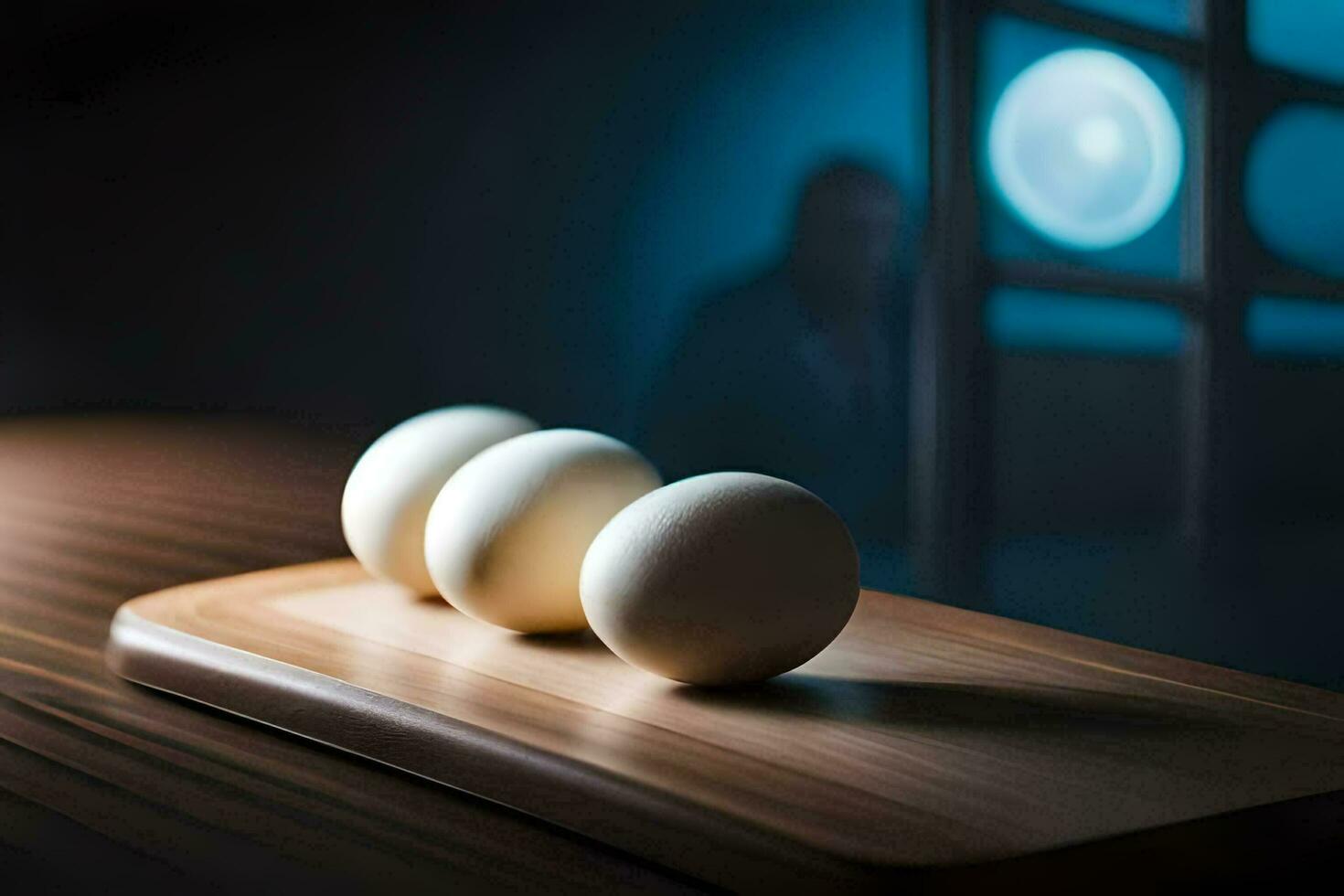 Tres huevos en un de madera corte tablero. generado por ai foto