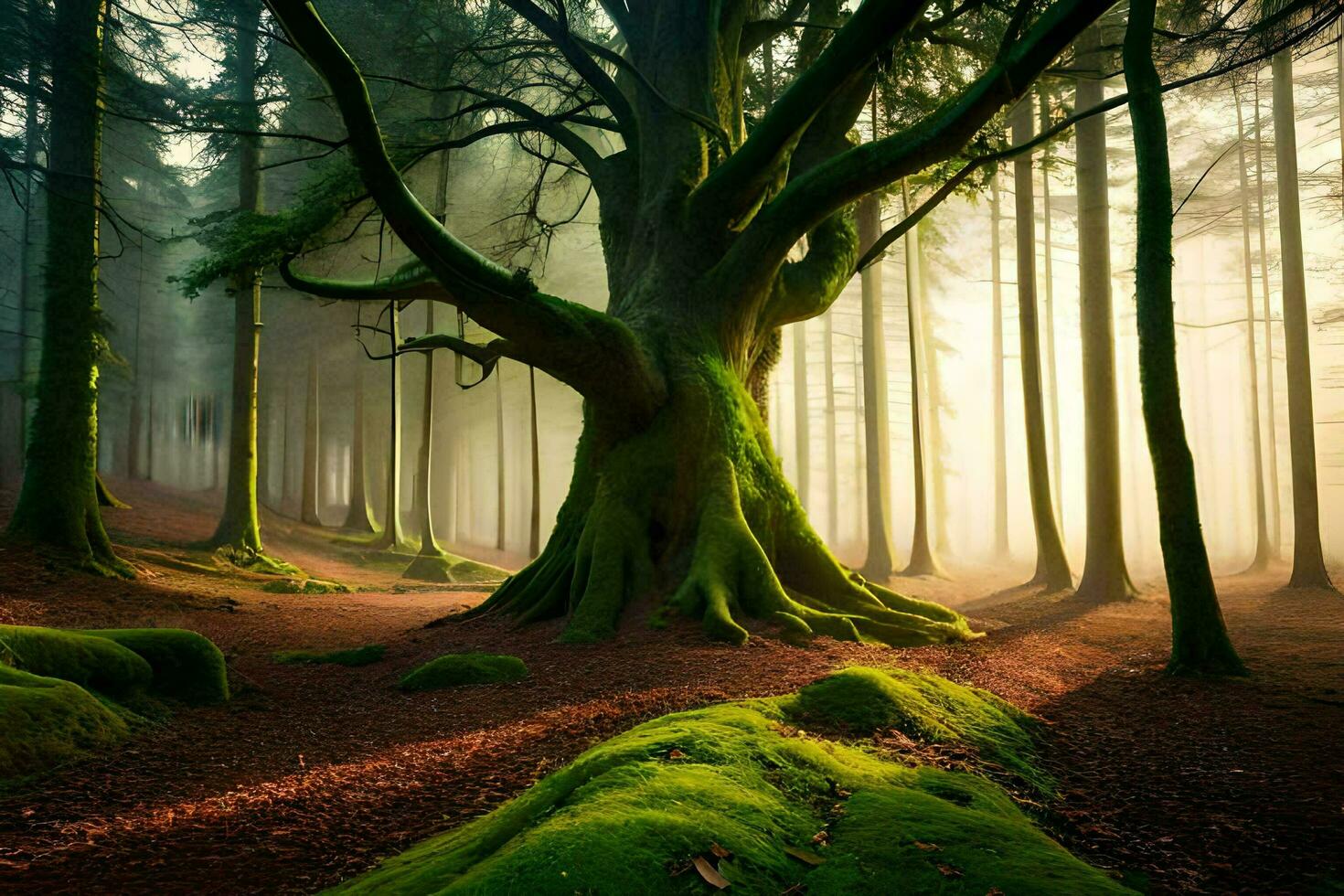 a large tree in the middle of a forest. AI-Generated photo