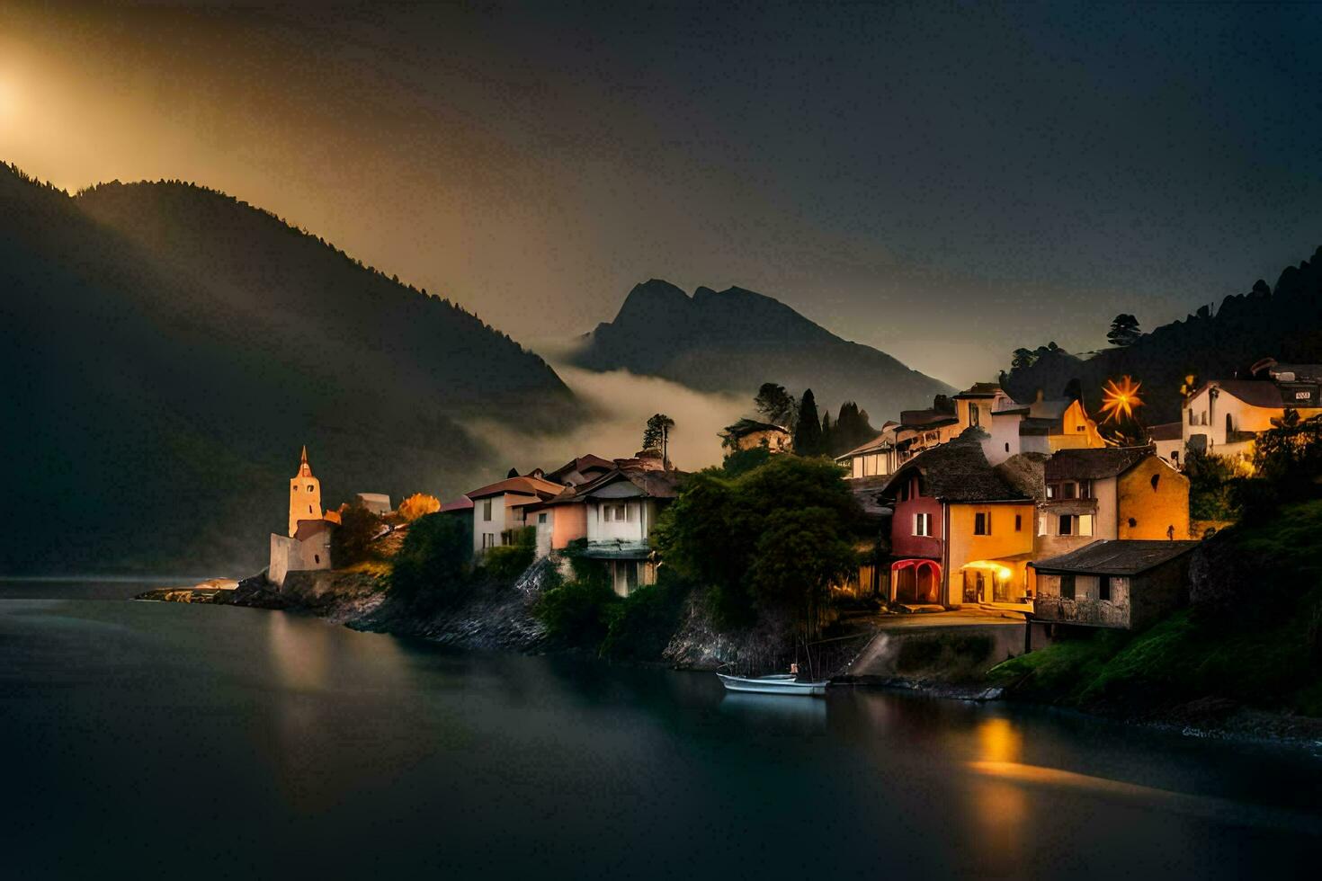 photo wallpaper the sky, mountains, fog, the moon, the village, the river, the. AI-Generated