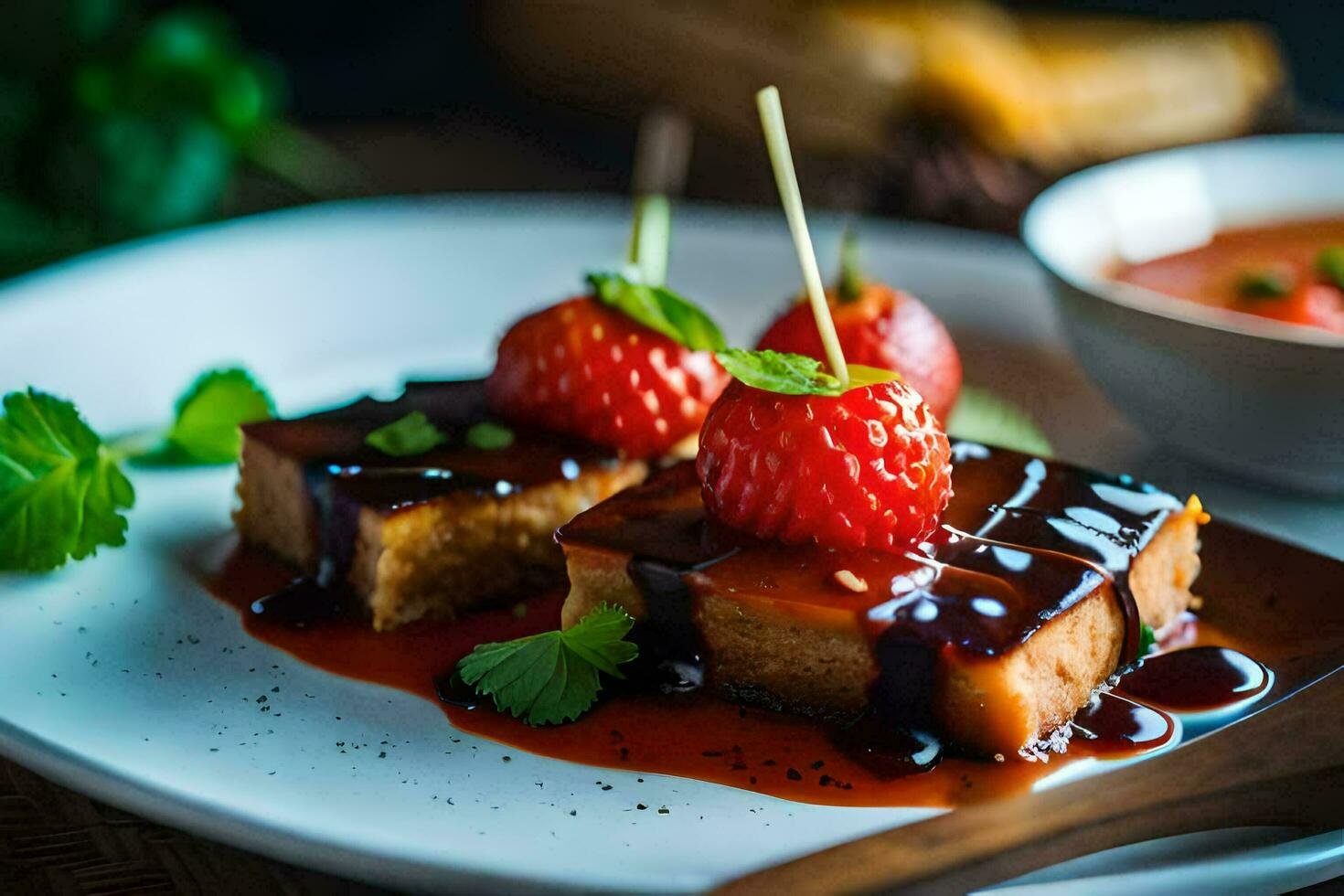 a plate with strawberries and sauce on it. AI-Generated photo