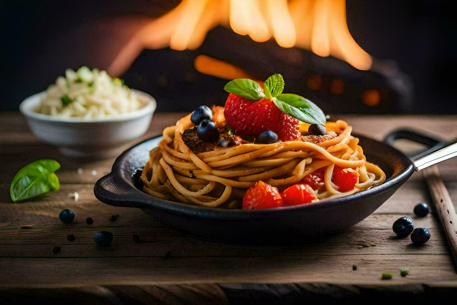 spaghetti with berries and basil in a pan. AI-Generated photo