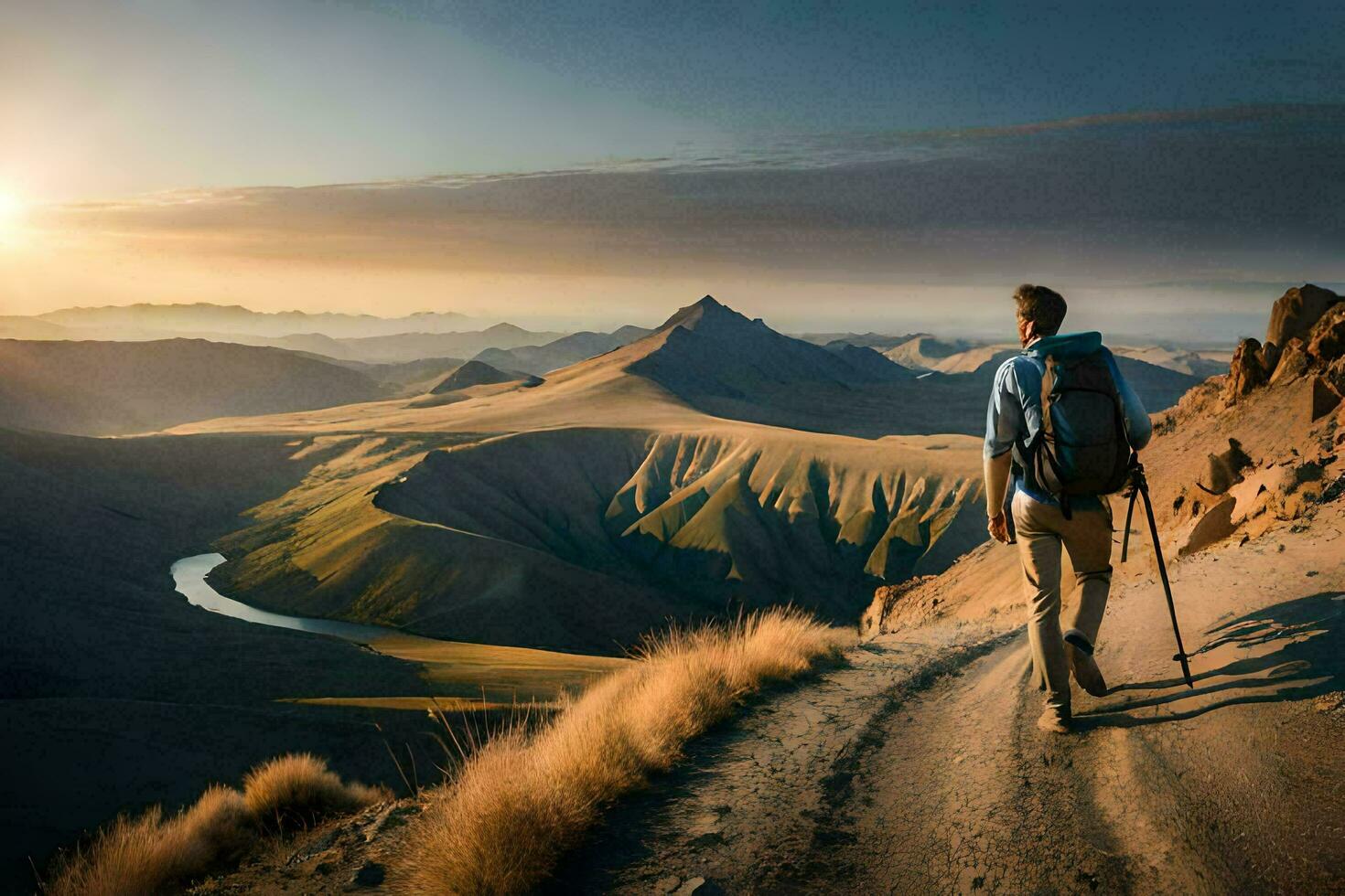 a man with a backpack walks up a mountain trail. AI-Generated photo