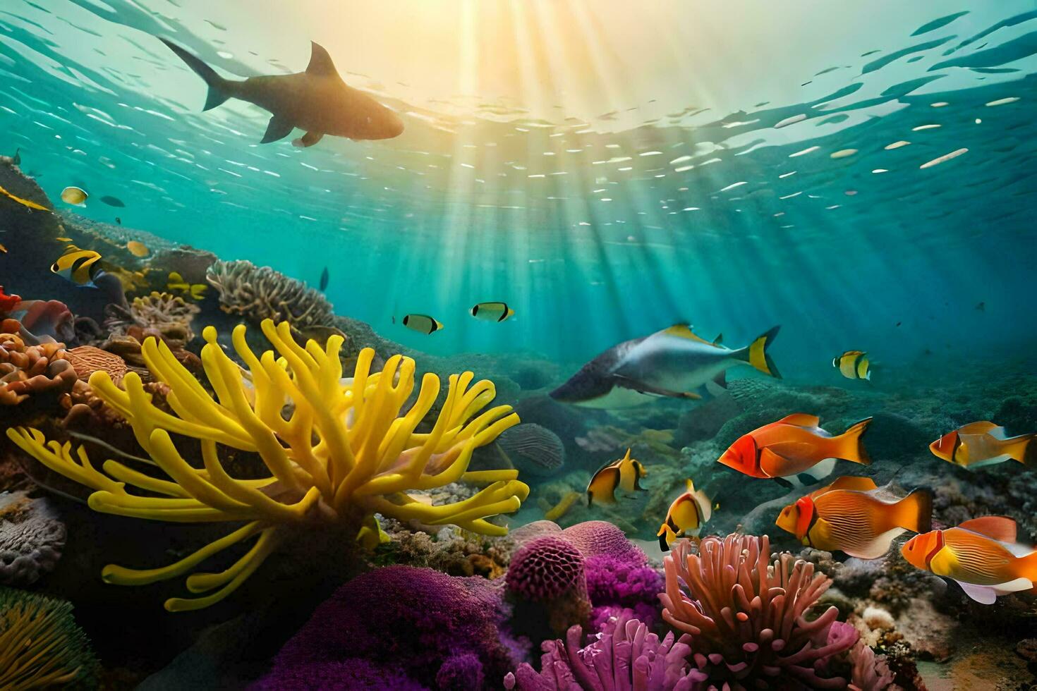 the sun shines over a coral reef with fish and corals. AI-Generated photo