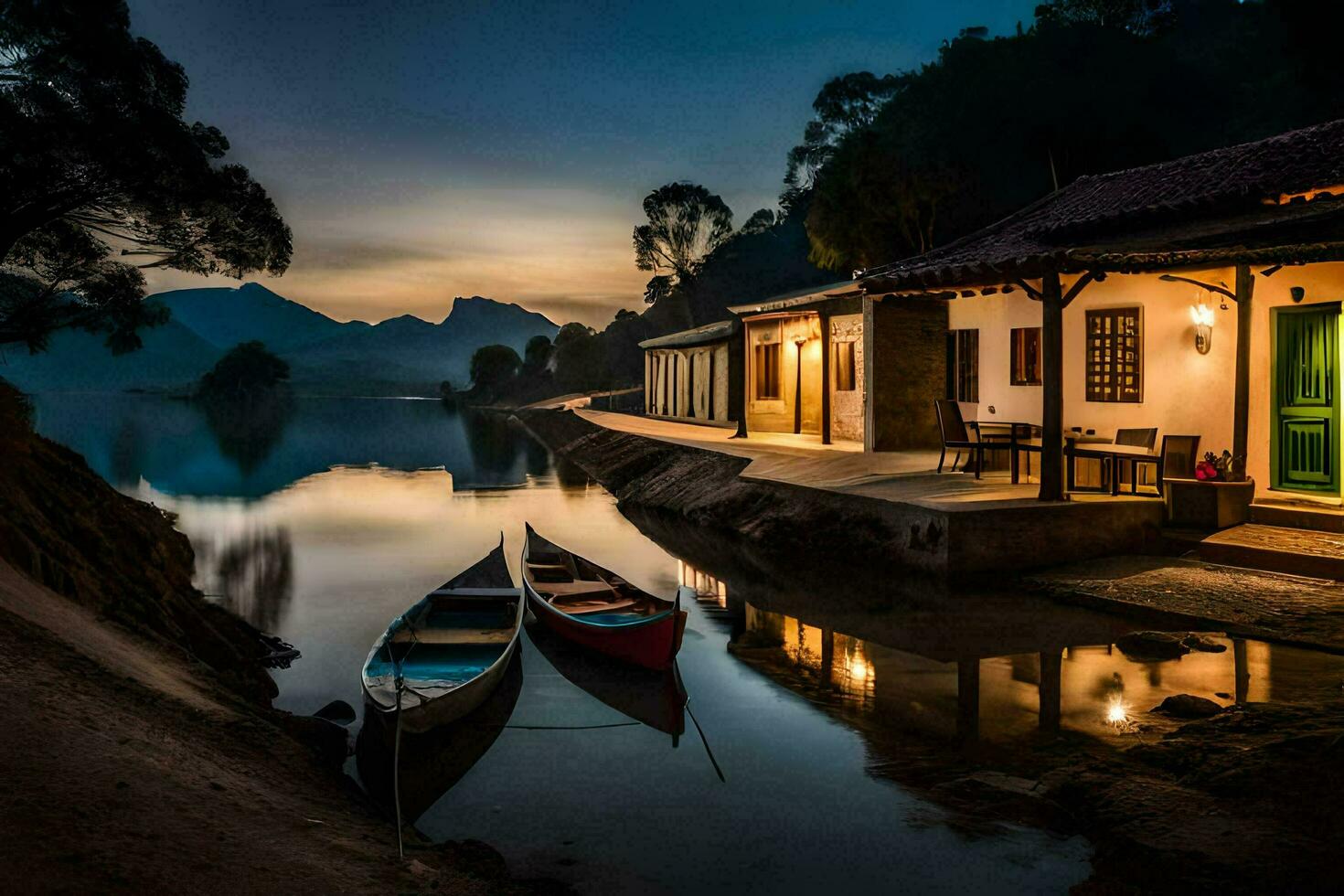 two boats sit on the shore of a lake at dusk. AI-Generated photo