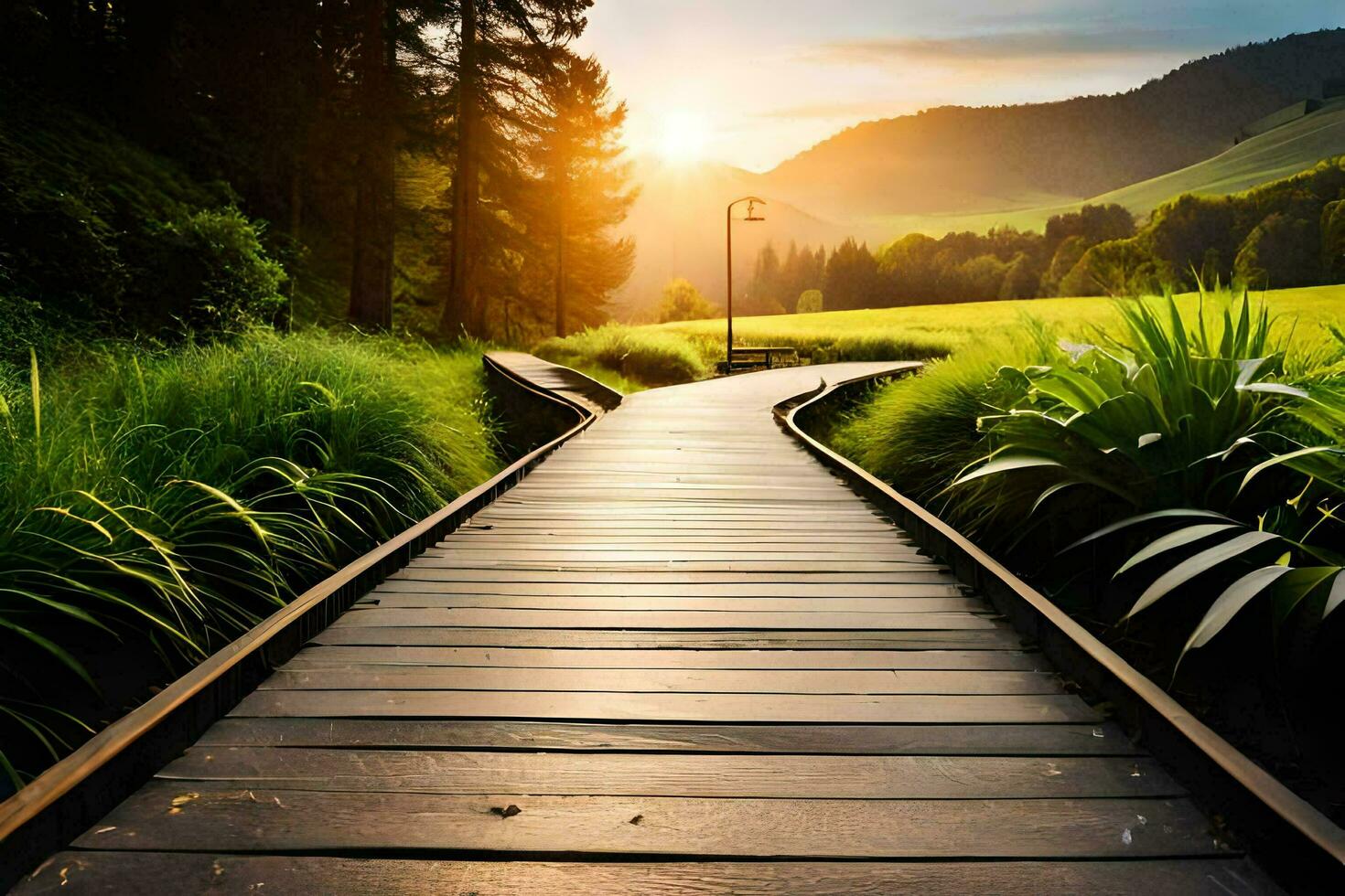 a wooden path leads to a grassy field. AI-Generated photo