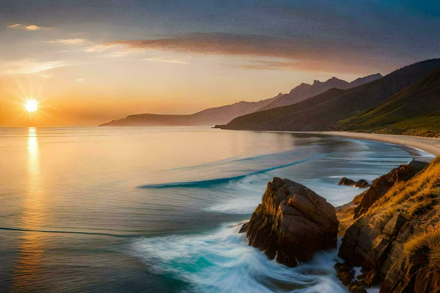 the sun rises over the ocean and mountains. AI-Generated photo