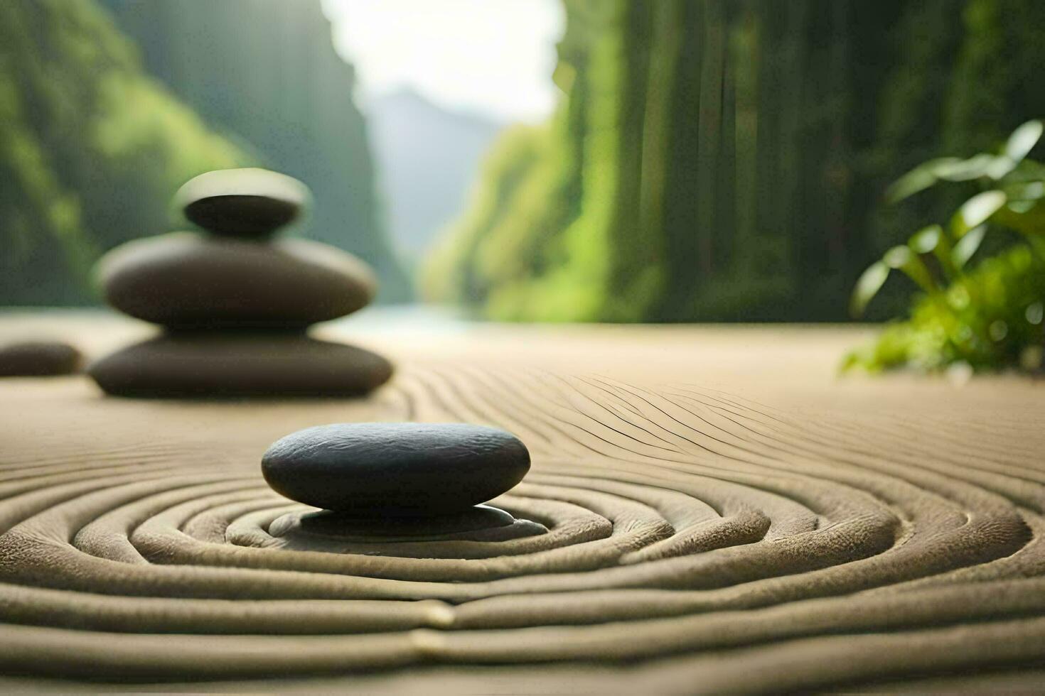 zen garden with stones and water in the background. AI-Generated photo