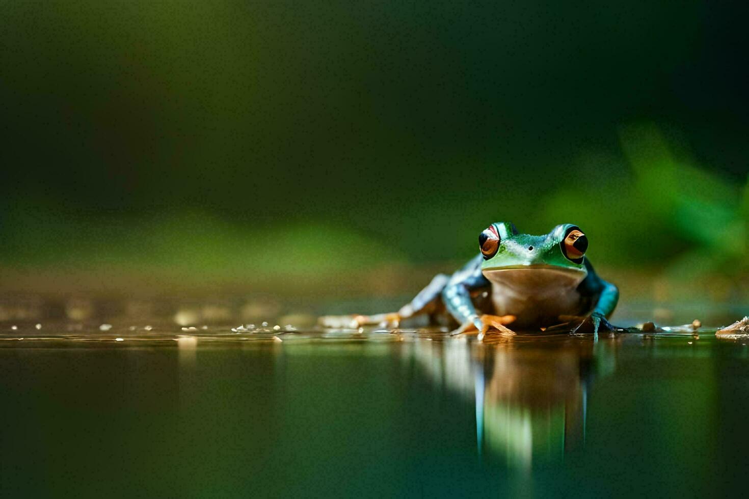 a frog sitting on the water with a green background. AI-Generated photo