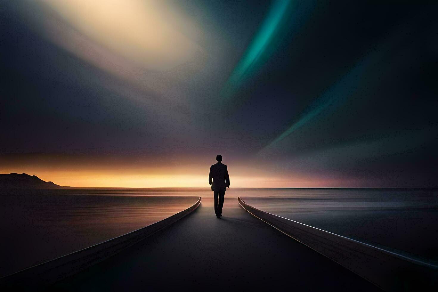 a man standing on a pier looking at the ocean. AI-Generated photo