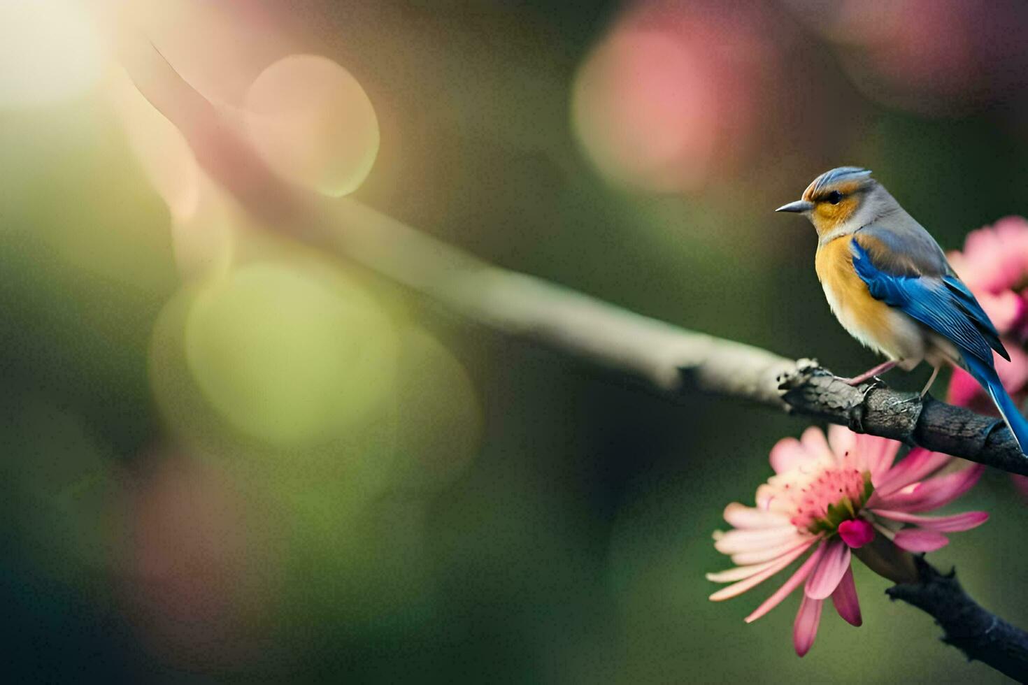 photo wallpaper the sun, flowers, bird, spring, the sky, the bird, the bird. AI-Generated