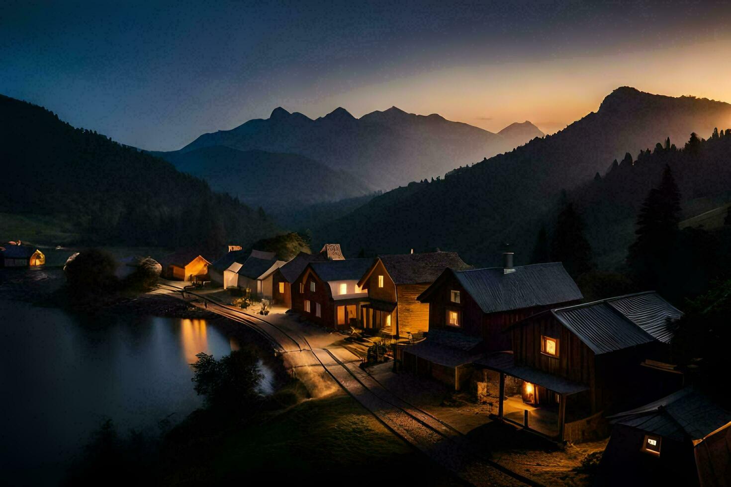 photo wallpaper the sky, mountains, lake, the village, the mountains, the village, the. AI-Generated