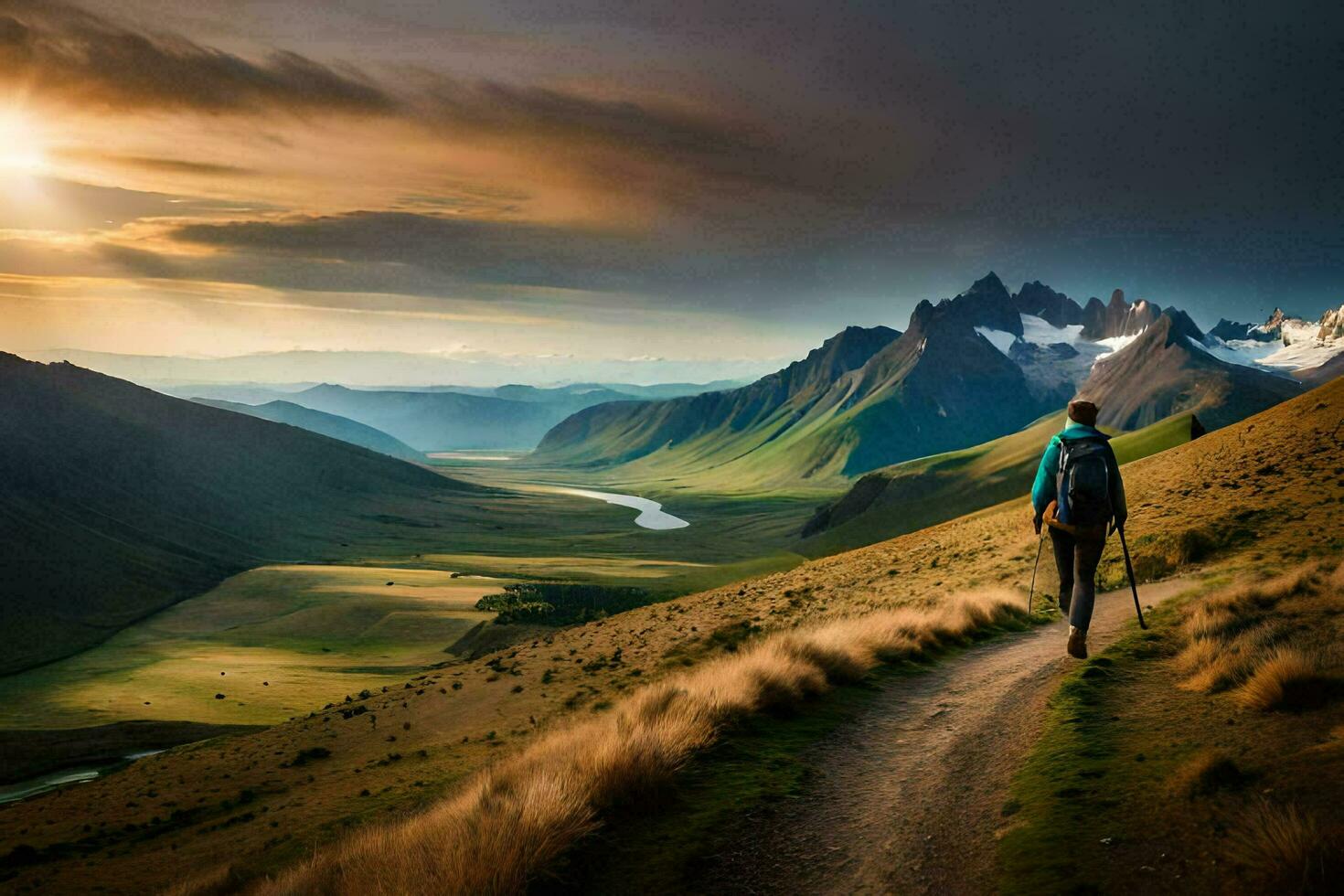 a man walking on a trail in the mountains. AI-Generated photo