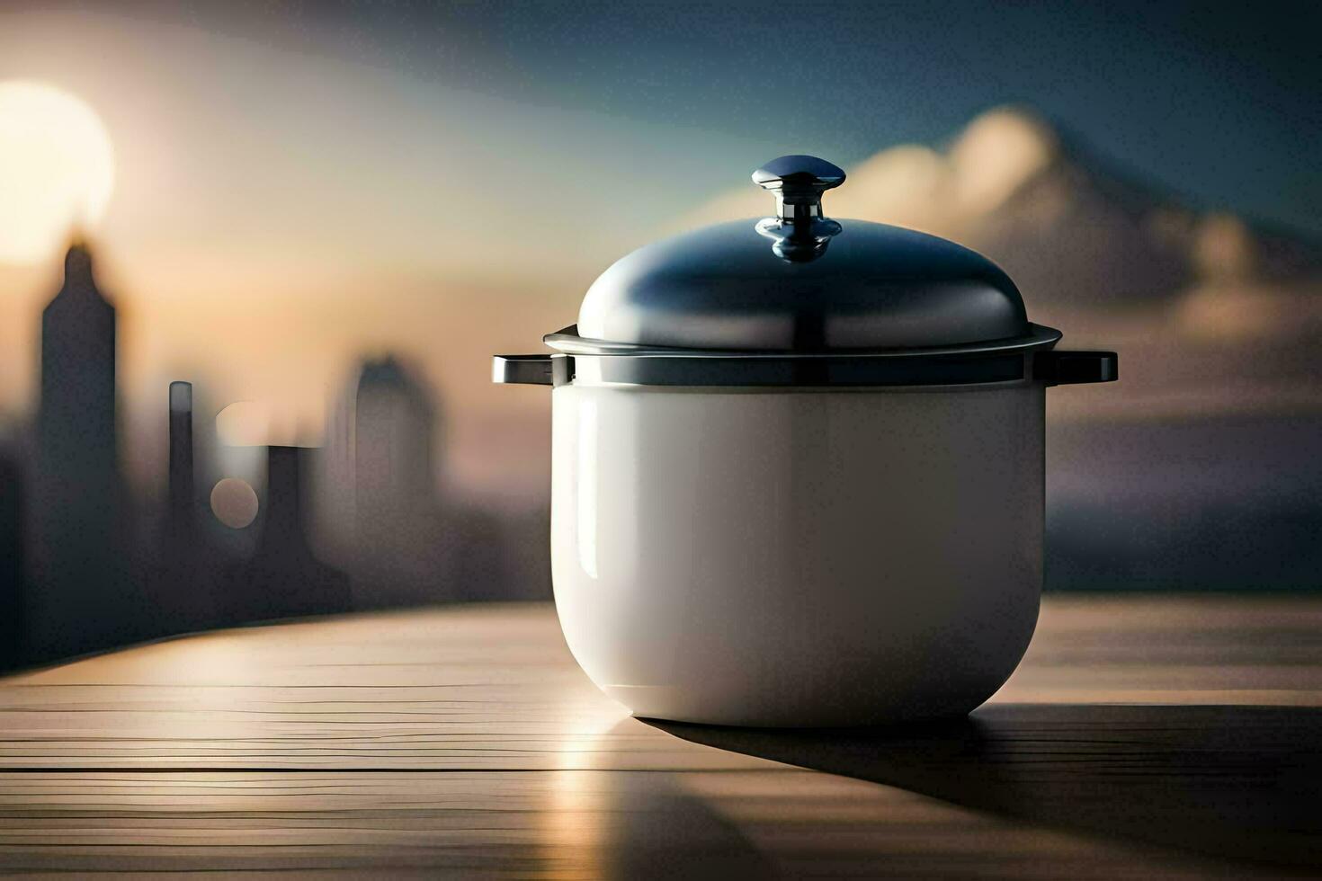 a white pot sitting on a table in front of a cityscape. AI-Generated photo