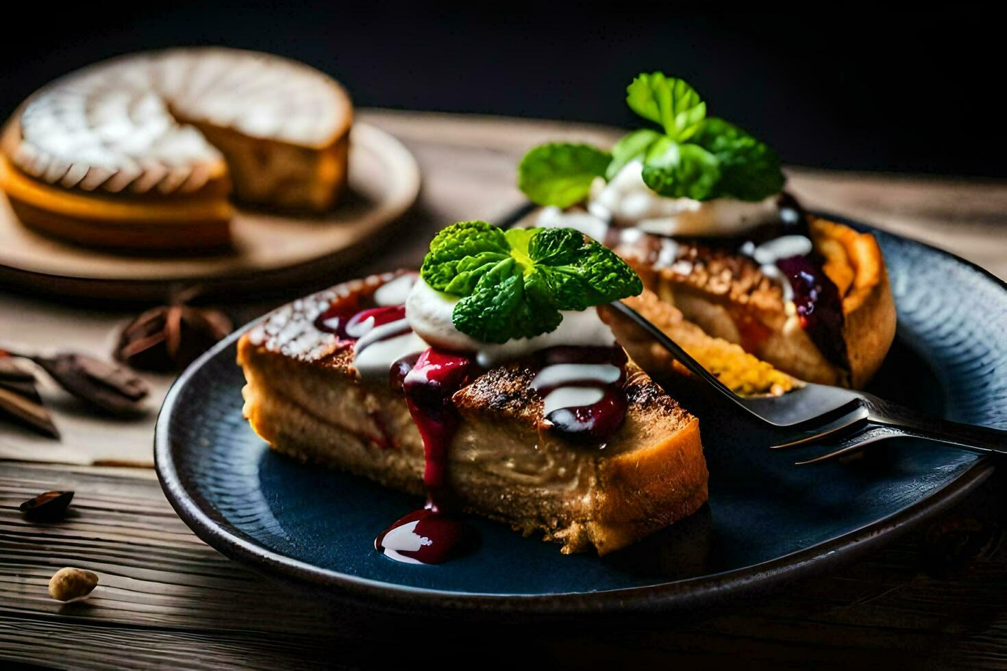 the cheesecake is served on a plate with a fork and a spoon. AI-Generated photo