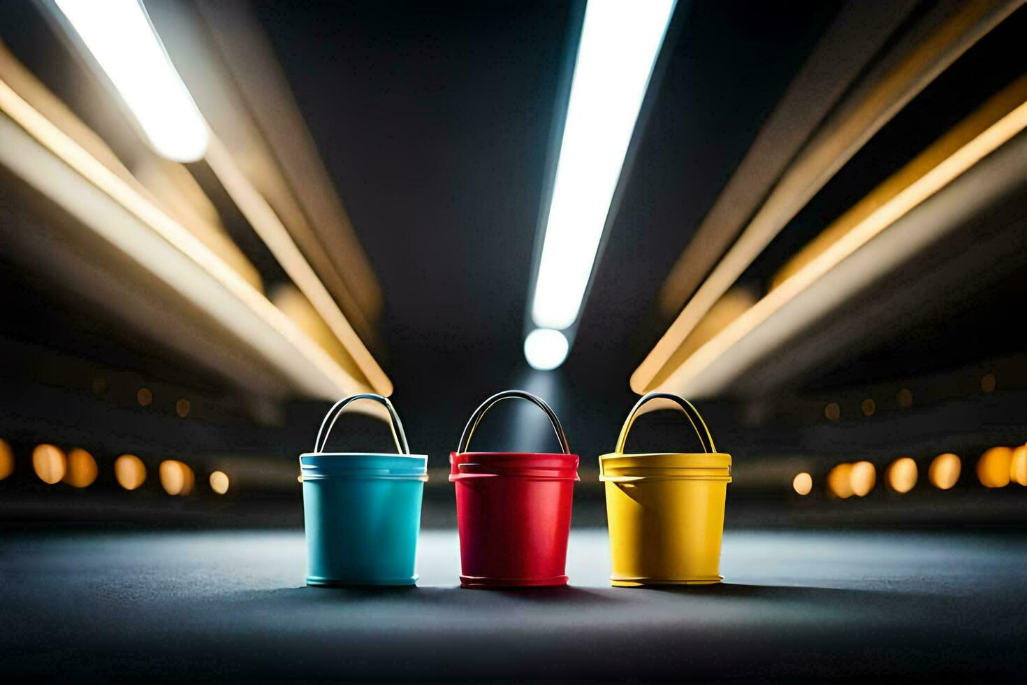 three colorful buckets on a dark street. AI-Generated photo