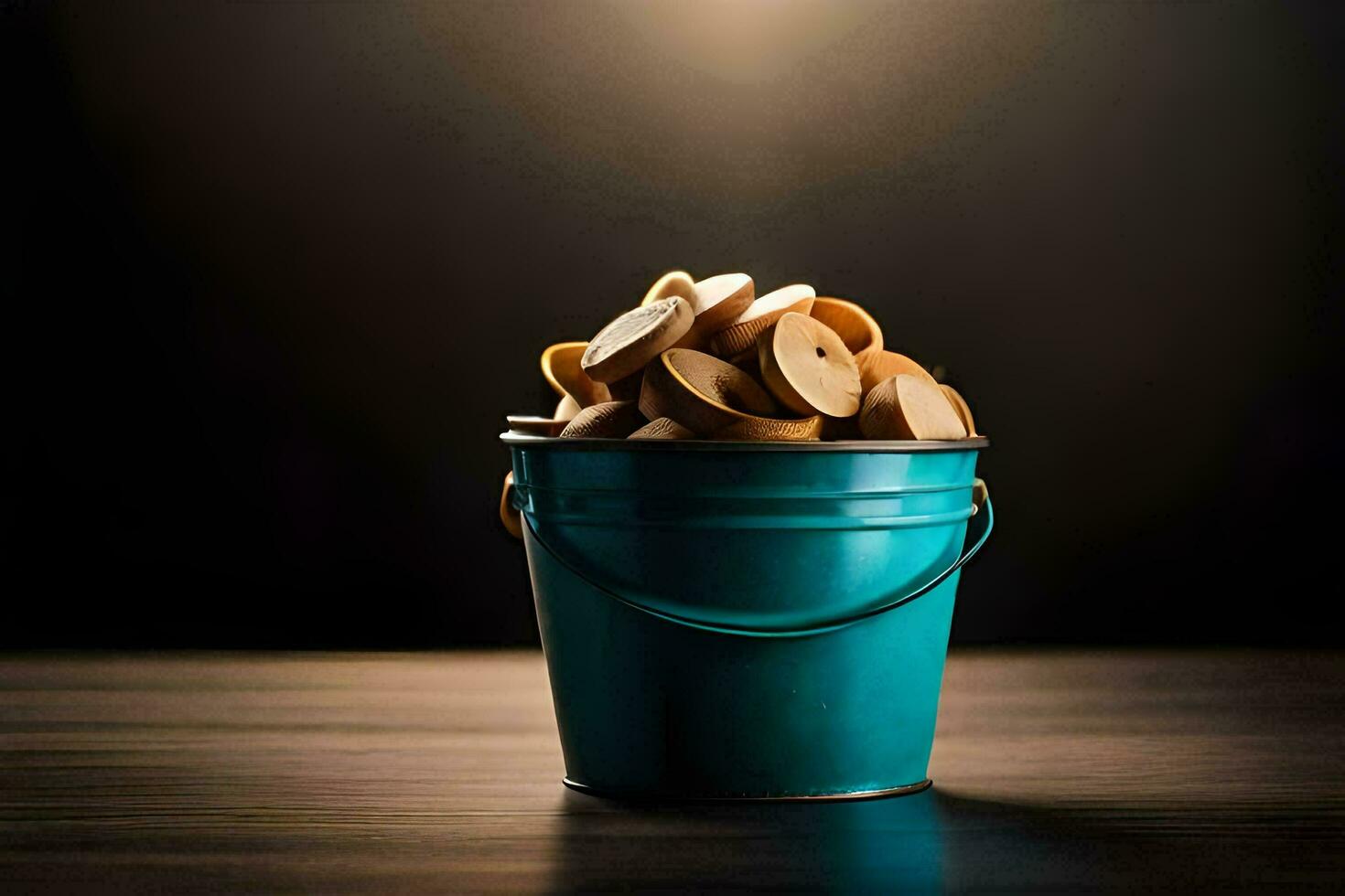 un Cubeta lleno con de madera papas fritas en un mesa. generado por ai foto