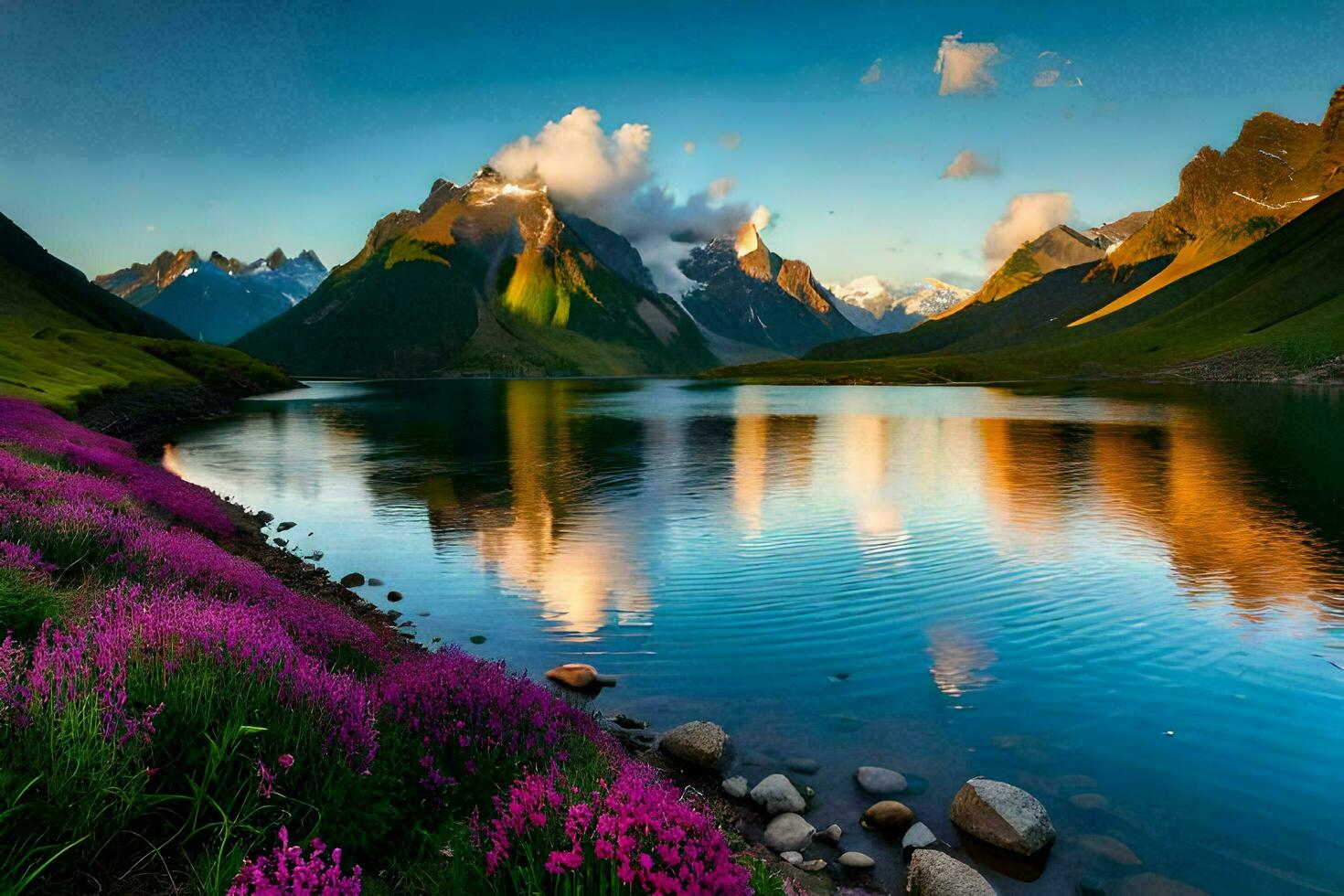 a lake surrounded by mountains and purple flowers. AI-Generated photo