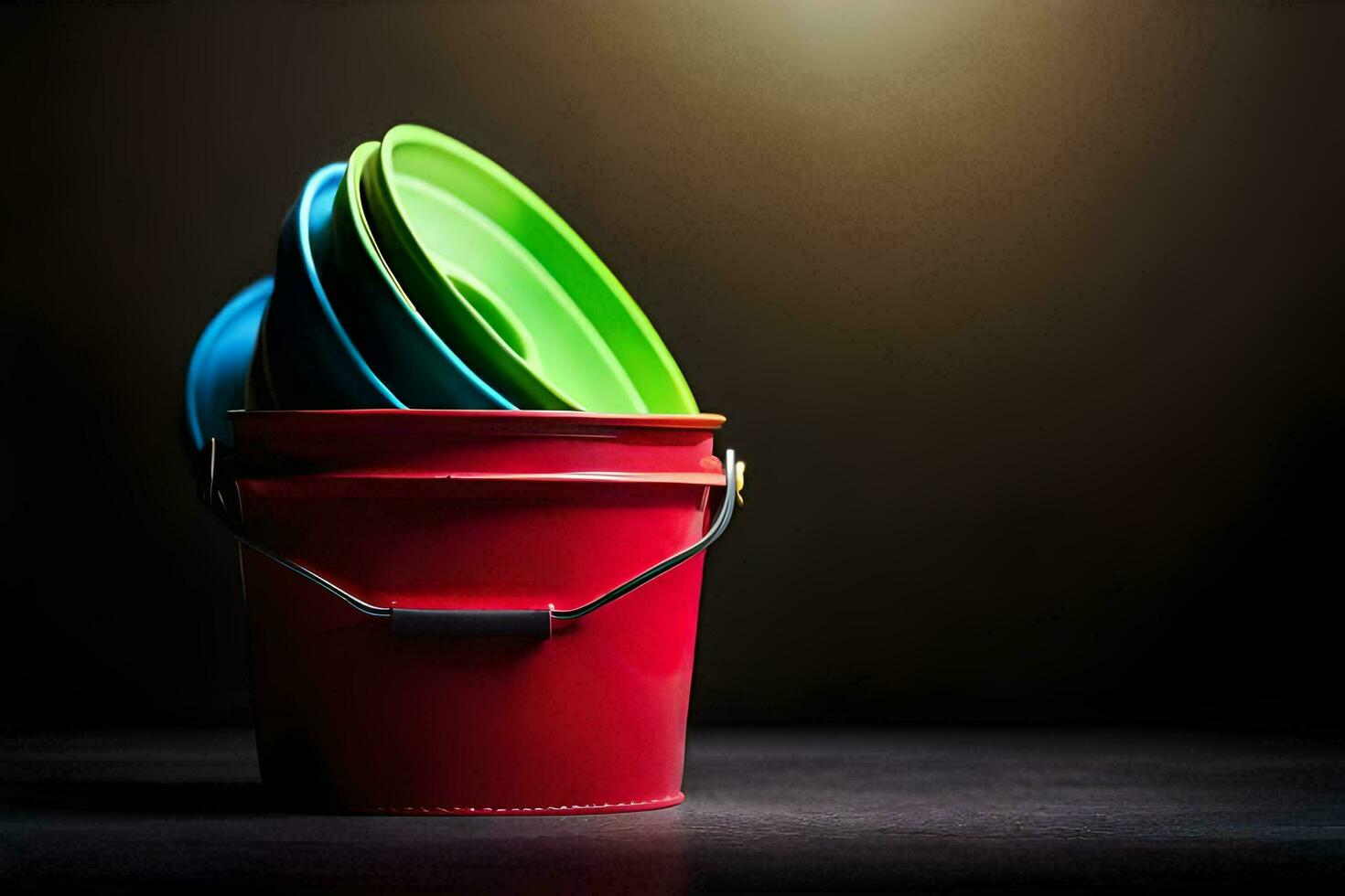 a red bucket with three colorful plastic buckets. AI-Generated photo