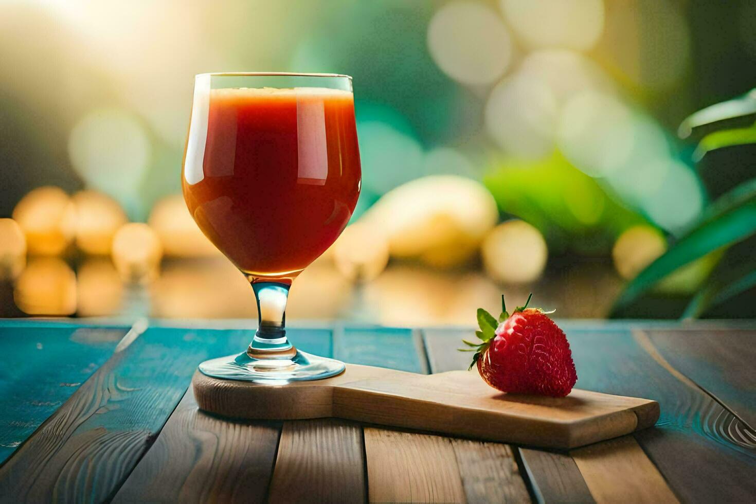 a glass of juice with a strawberry on a wooden table. AI-Generated photo