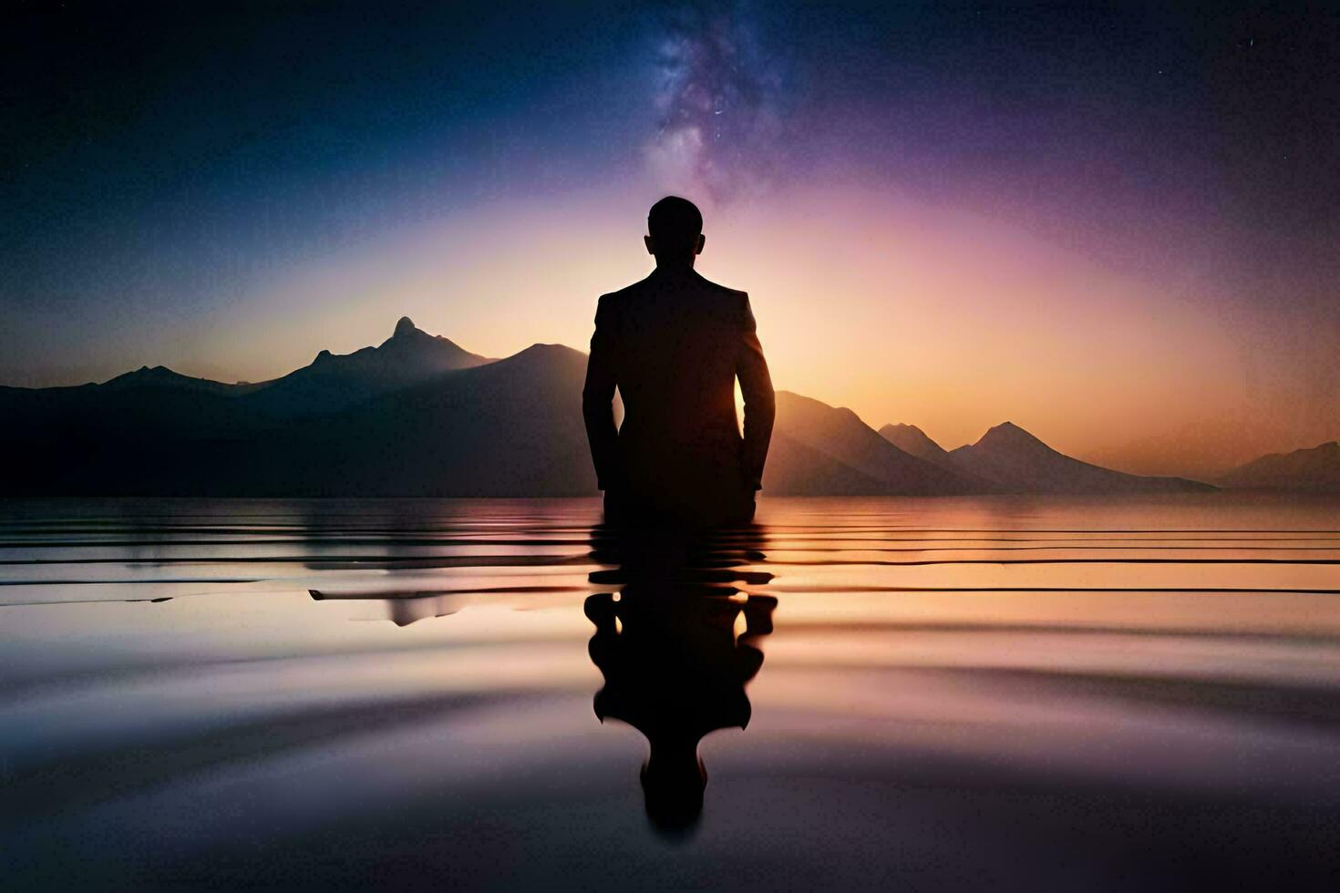 a man standing in the water at sunset. AI-Generated photo