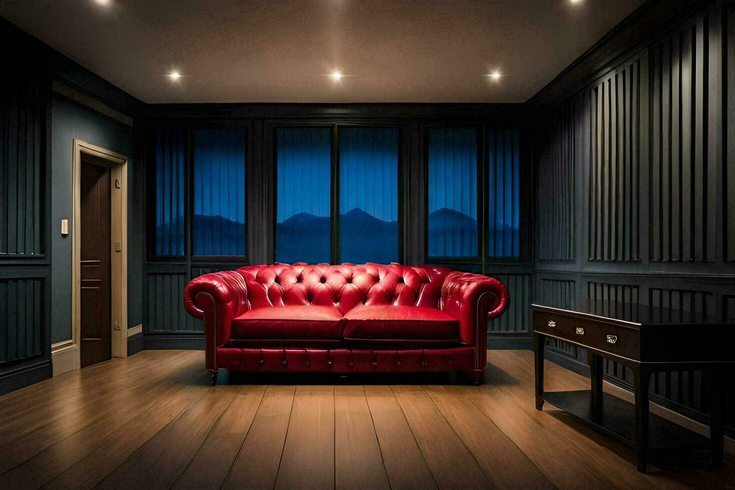 a red leather couch in a dark room. AI-Generated photo
