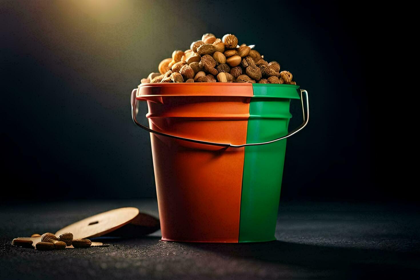 a bucket filled with peanuts and a green and orange lid. AI-Generated photo