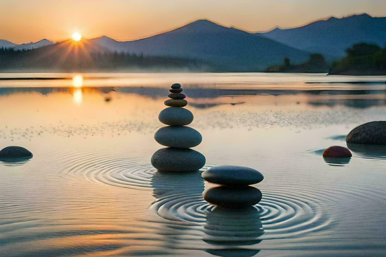 apilado piedras en el agua a puesta de sol. generado por ai foto