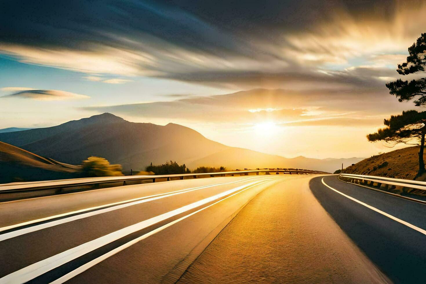 a highway with the sun setting behind it. AI-Generated photo