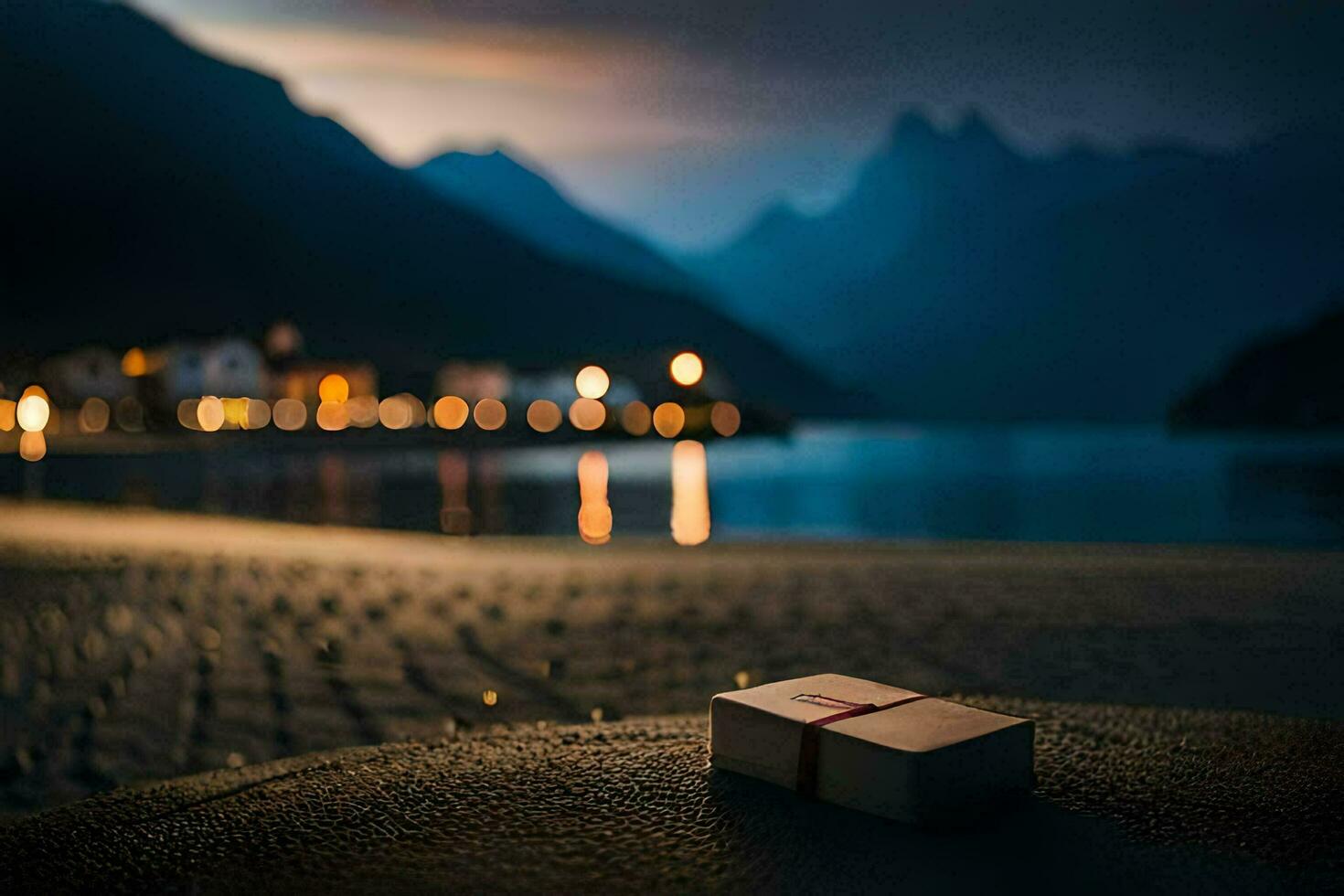 a box sitting on the ground near a lake. AI-Generated photo