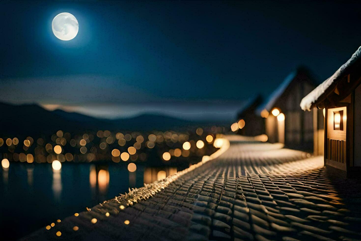 a street with houses and a full moon in the background. AI-Generated photo