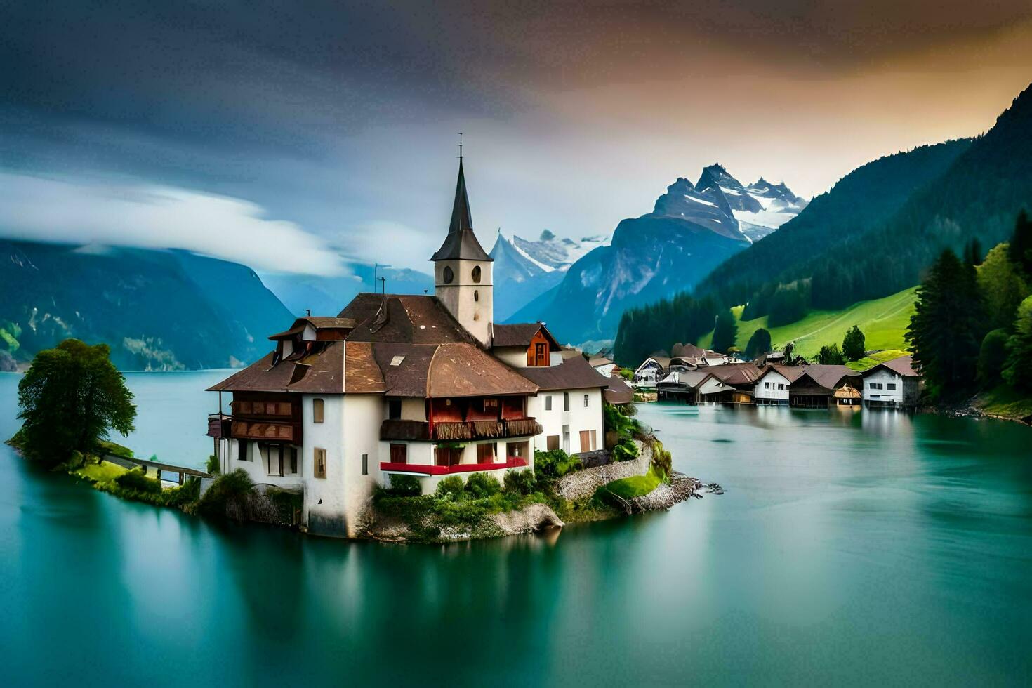 un hermosa casa se sienta en un isla en el medio de un lago. generado por ai foto