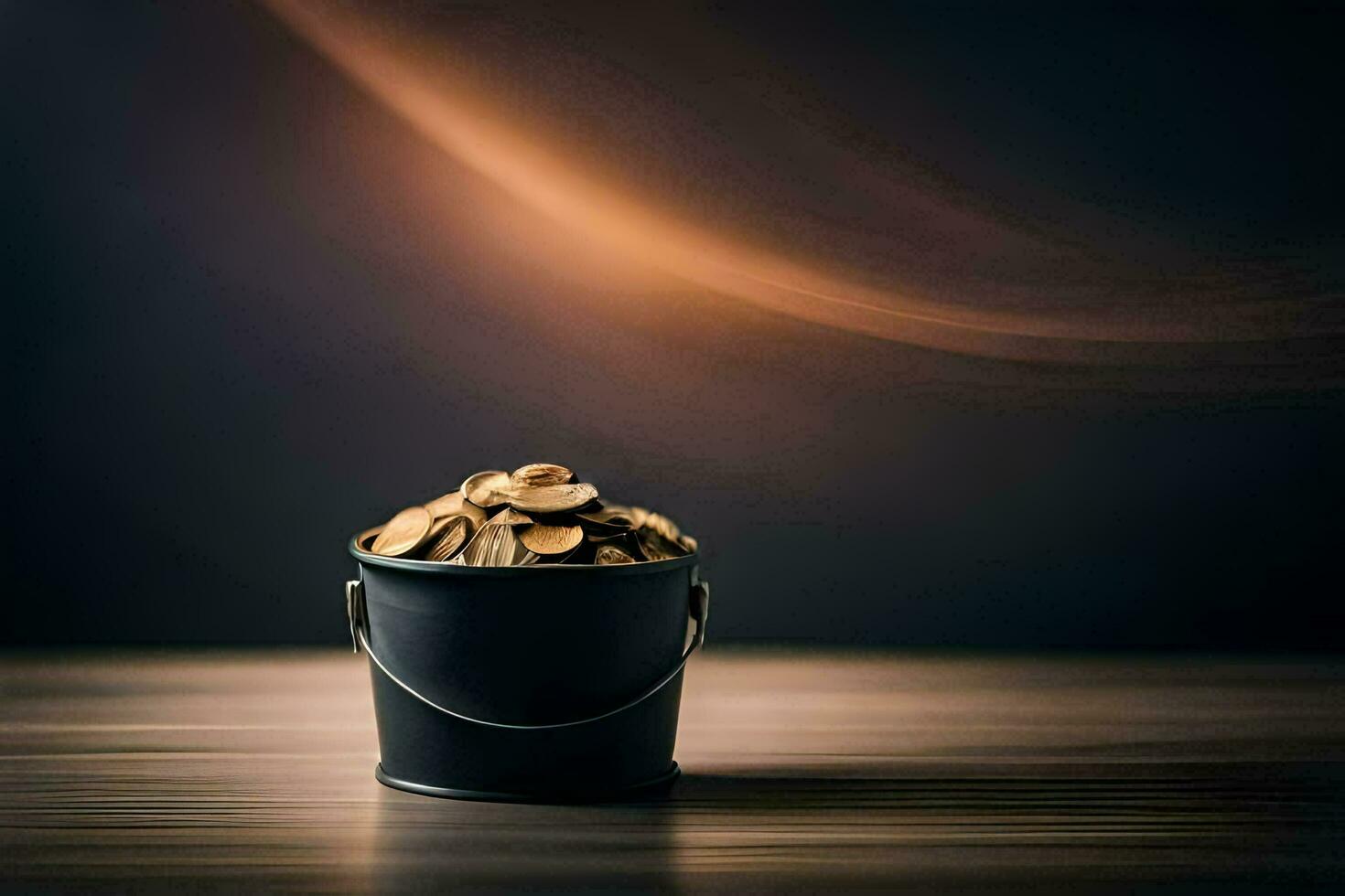 a bucket of coins on a wooden table. AI-Generated photo