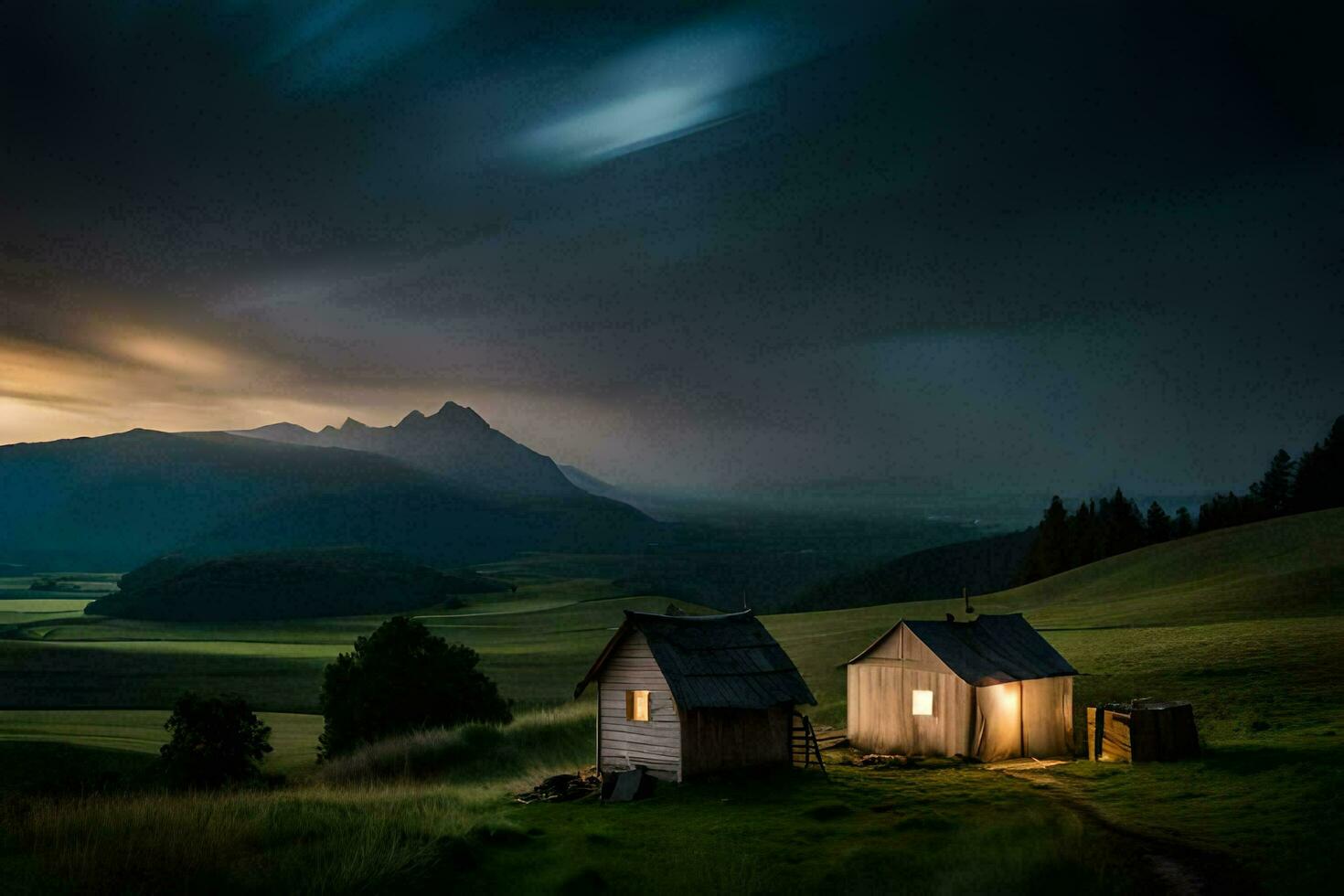 un pequeño cabina en el montañas a noche. generado por ai foto