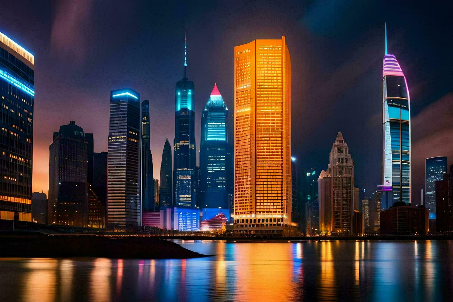 the city skyline at night with lights reflecting off the water. AI-Generated photo