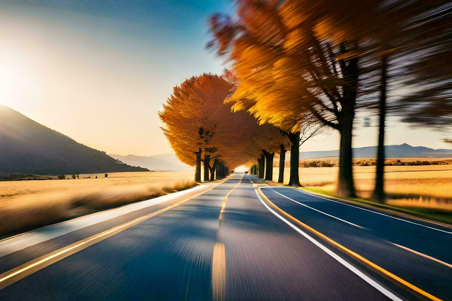 un la carretera con arboles en el antecedentes. generado por ai foto