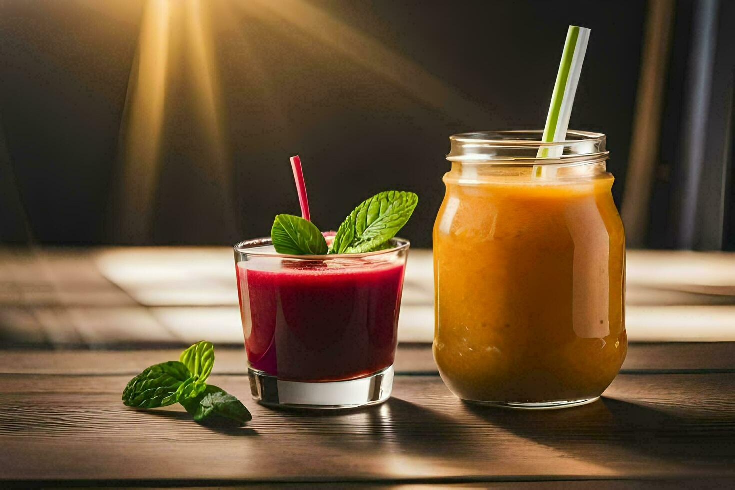 two glasses of juice on a wooden table. AI-Generated photo