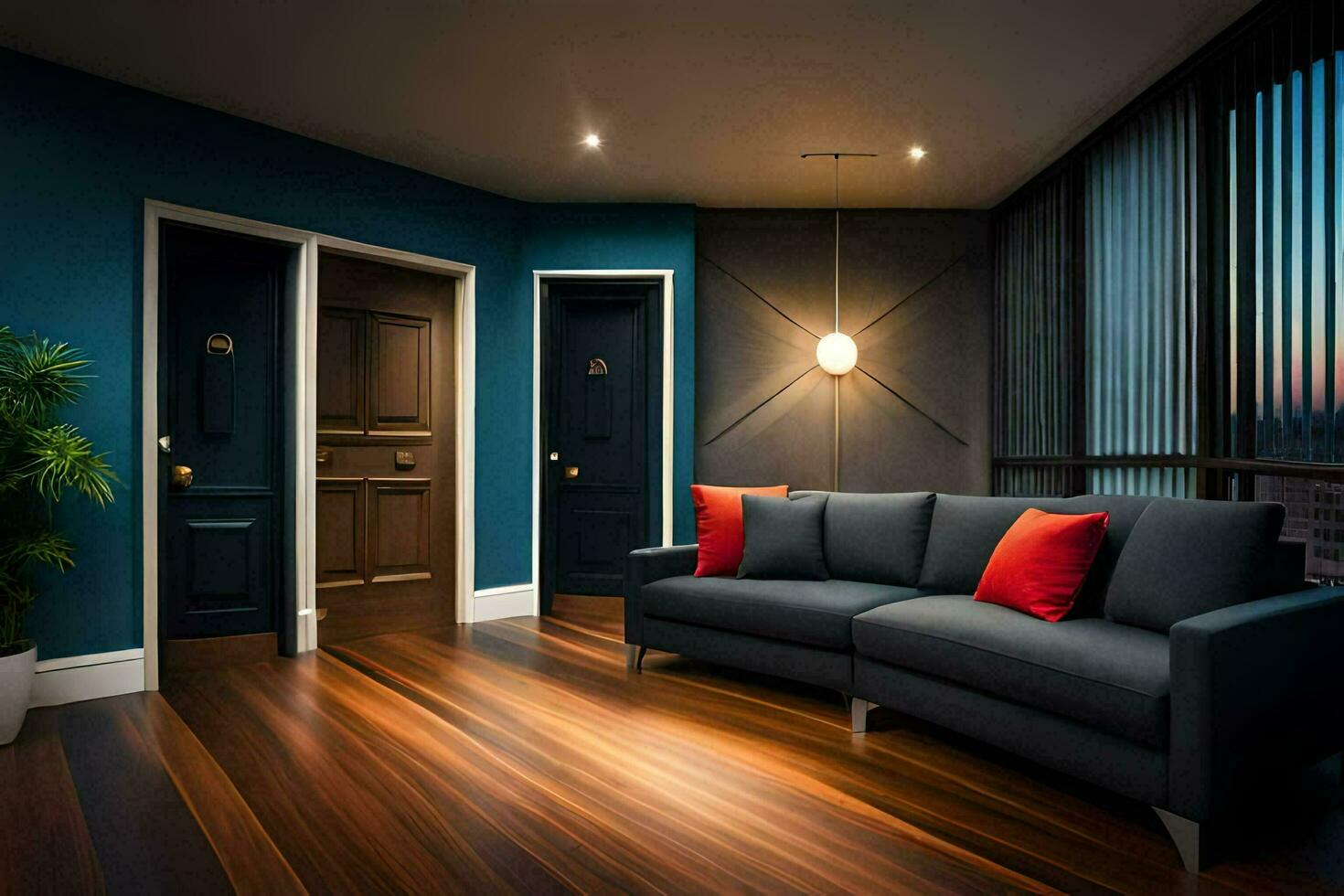 a living room with blue walls and wood floors. AI-Generated photo