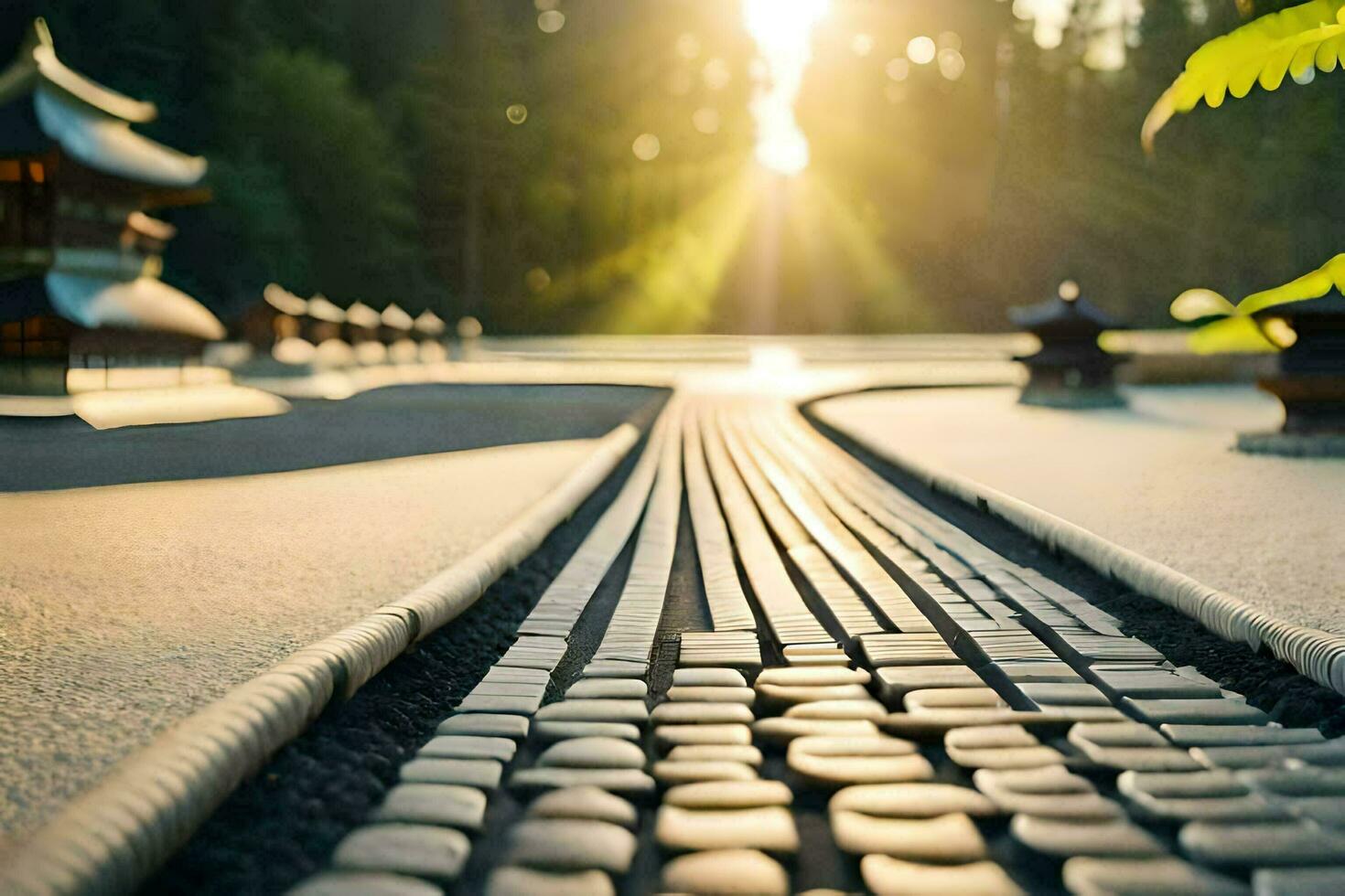 a path with stones and trees in the sun. AI-Generated photo