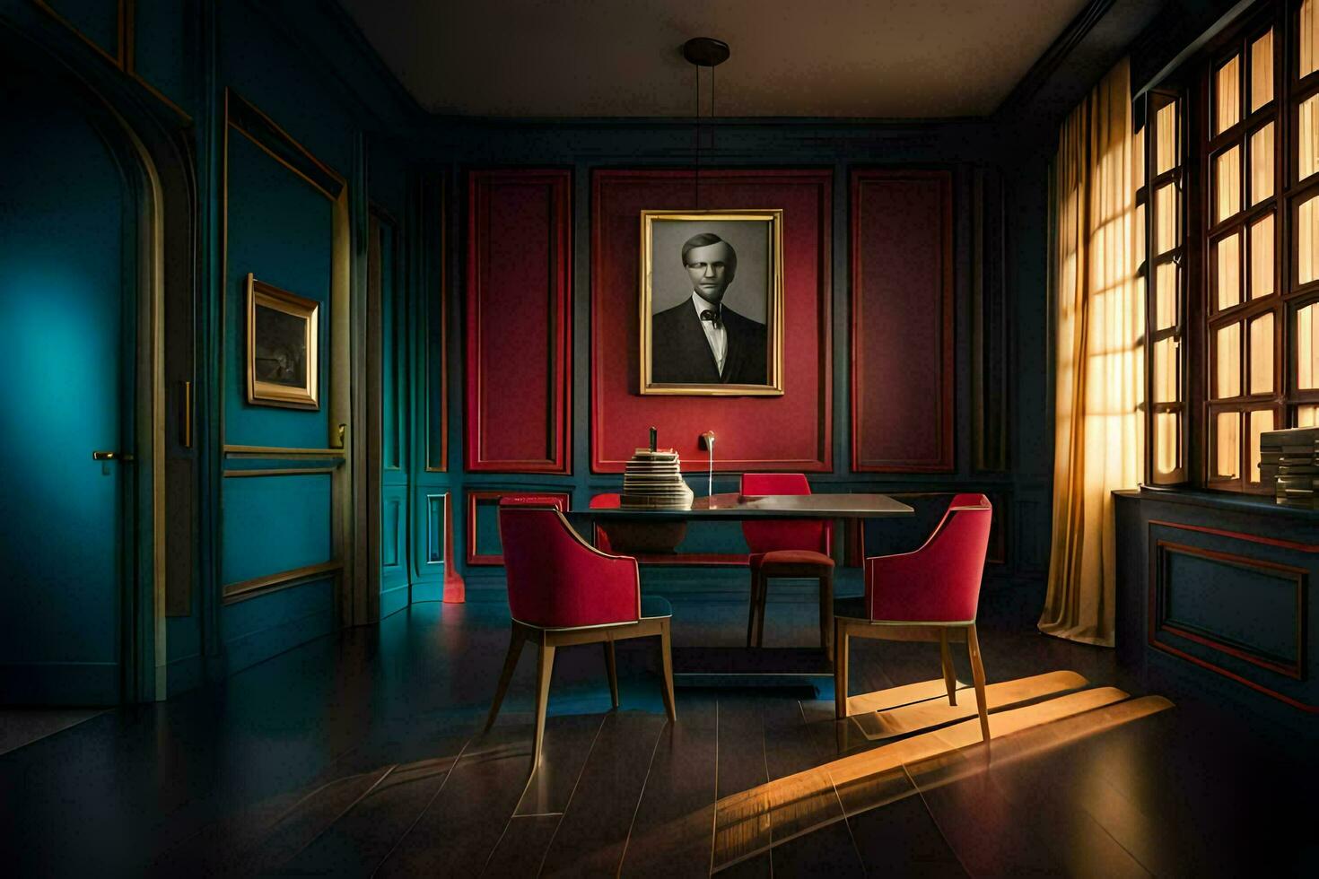 a room with red walls and blue trim. AI-Generated photo