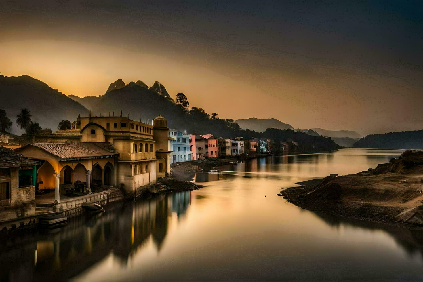 the sun sets over a river in india. AI-Generated photo